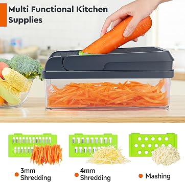MealHelper 12-in-1 Vegetable Chopper, 7 Blade Veggie Chopper, Practical Food Chopper with Container, Cheese Grater, Home Essentials & Kitchen Gadgets(Green)