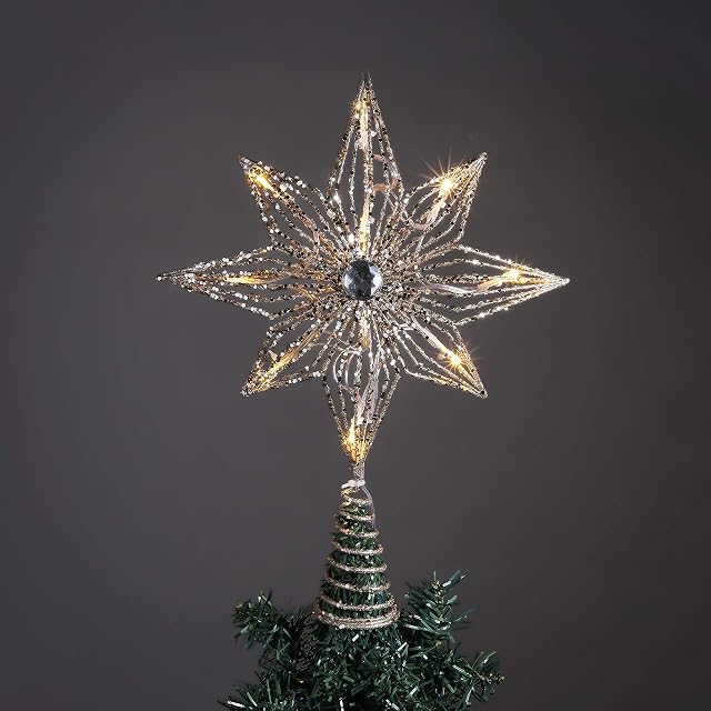 Valery Madelyn Christmas Tree Topper Decorations, 11Inch/28cm Pre-Lit Elegant White and Gold Metal Star with 10 Warm LED Lights, Battery Operated (Not Included)