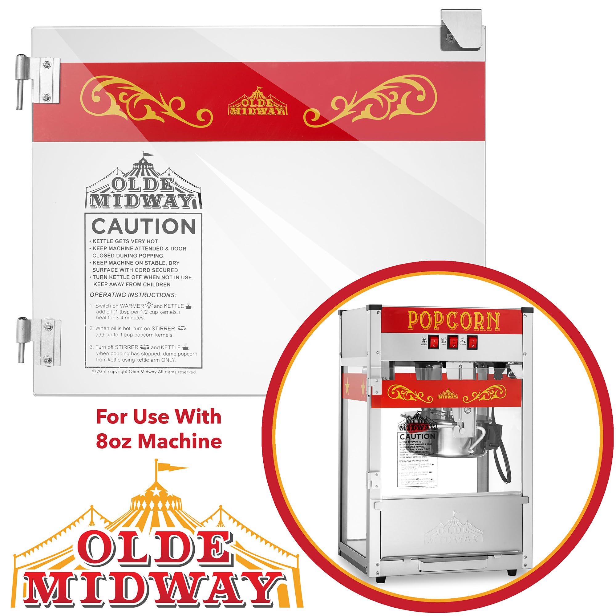 Olde Midway Popcorn Machine Door Replacement, Glass Door for 8-Ounce Commercial Popcorn Machines - Red Design