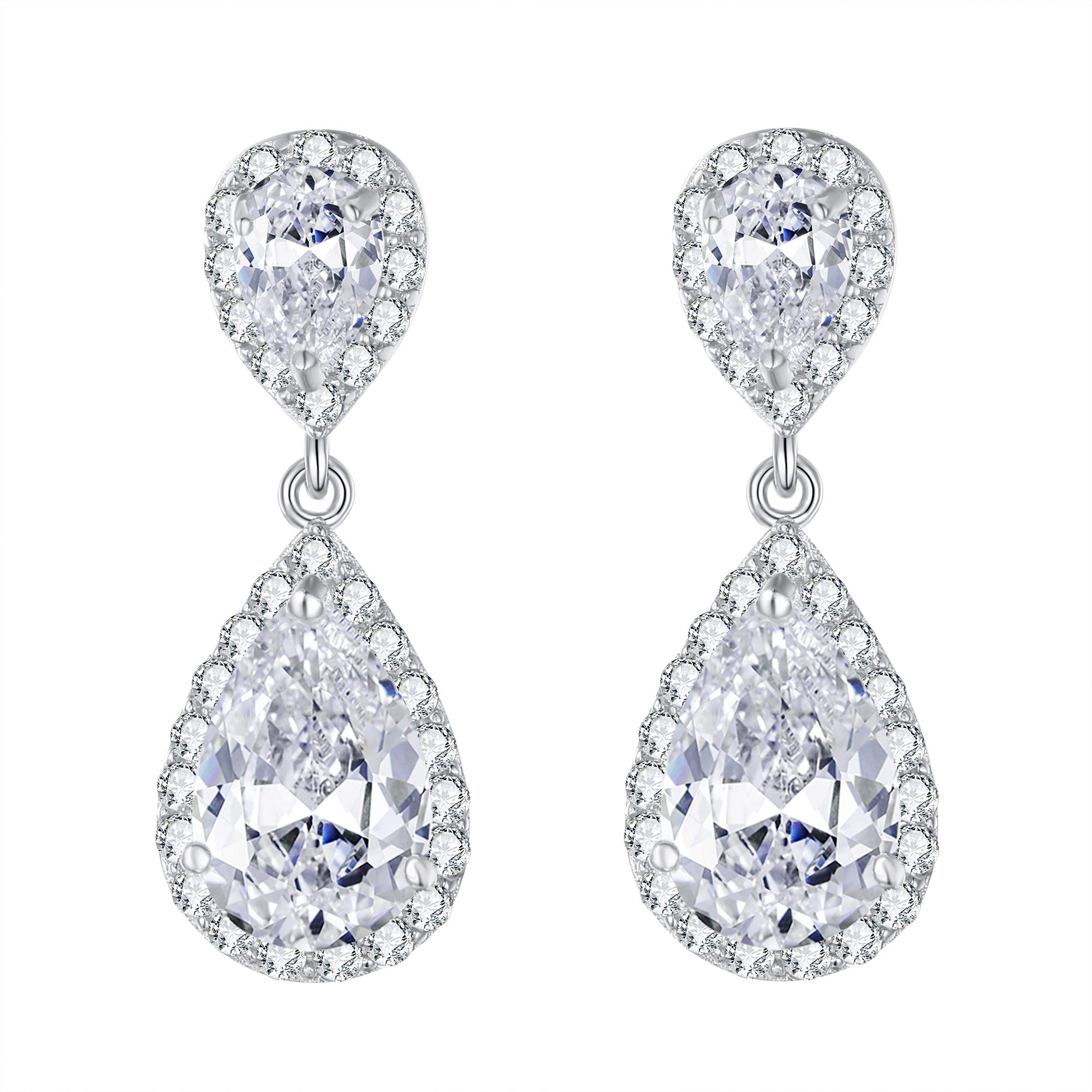 EVER FAITH Mujer Pendientes Colgante Perforado Plata de Ley 925 Zirconia Boda Banquete Lágrima Perforado Tono Claro