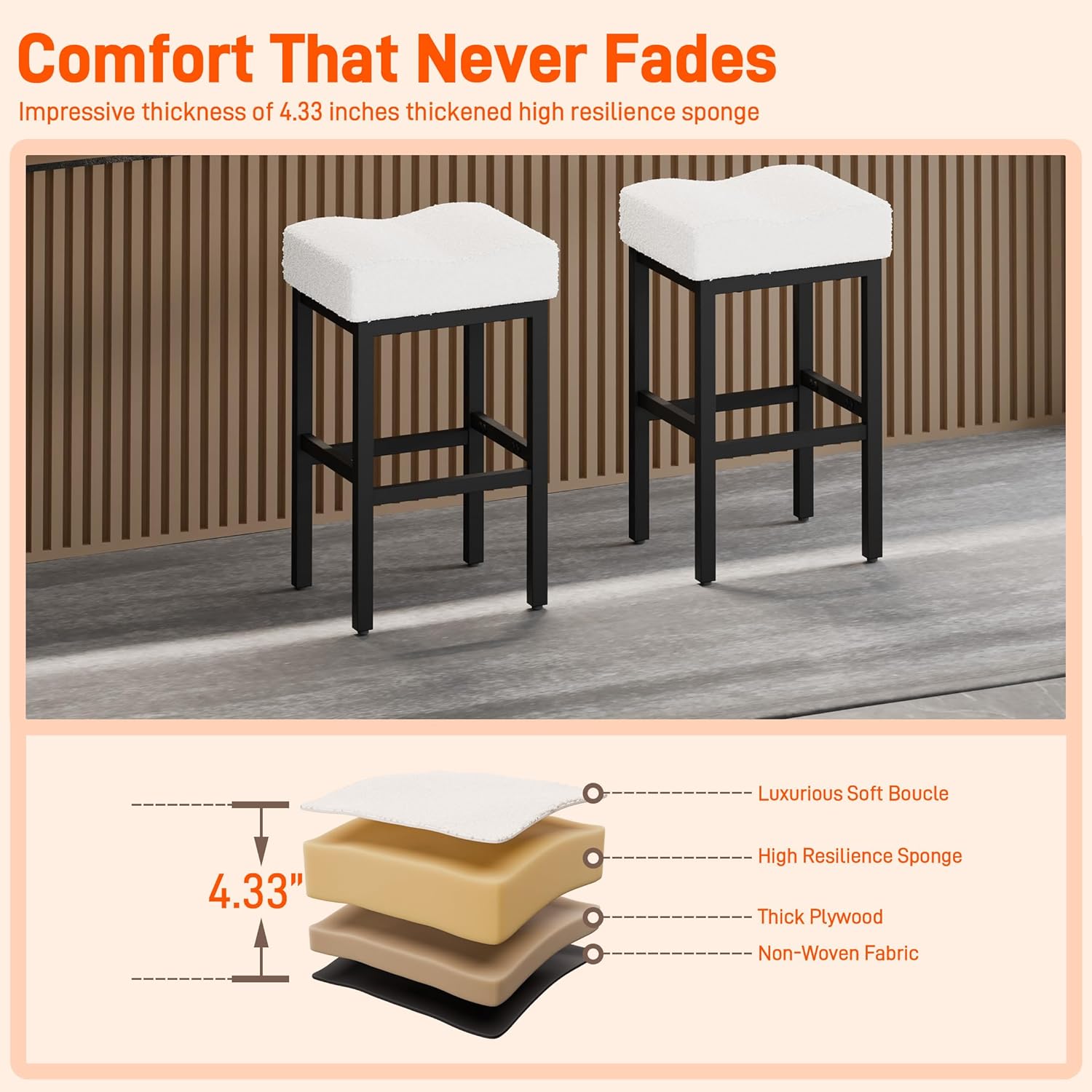 White Bar Stools Set of 4 - 28 Inch Counter Height, Boucle Backless Bar Height Stools with Saddle Seats & 4.33" Thick Cushion, Heavy-Duty Metal Base, Easy Assembly for Kitchen Island