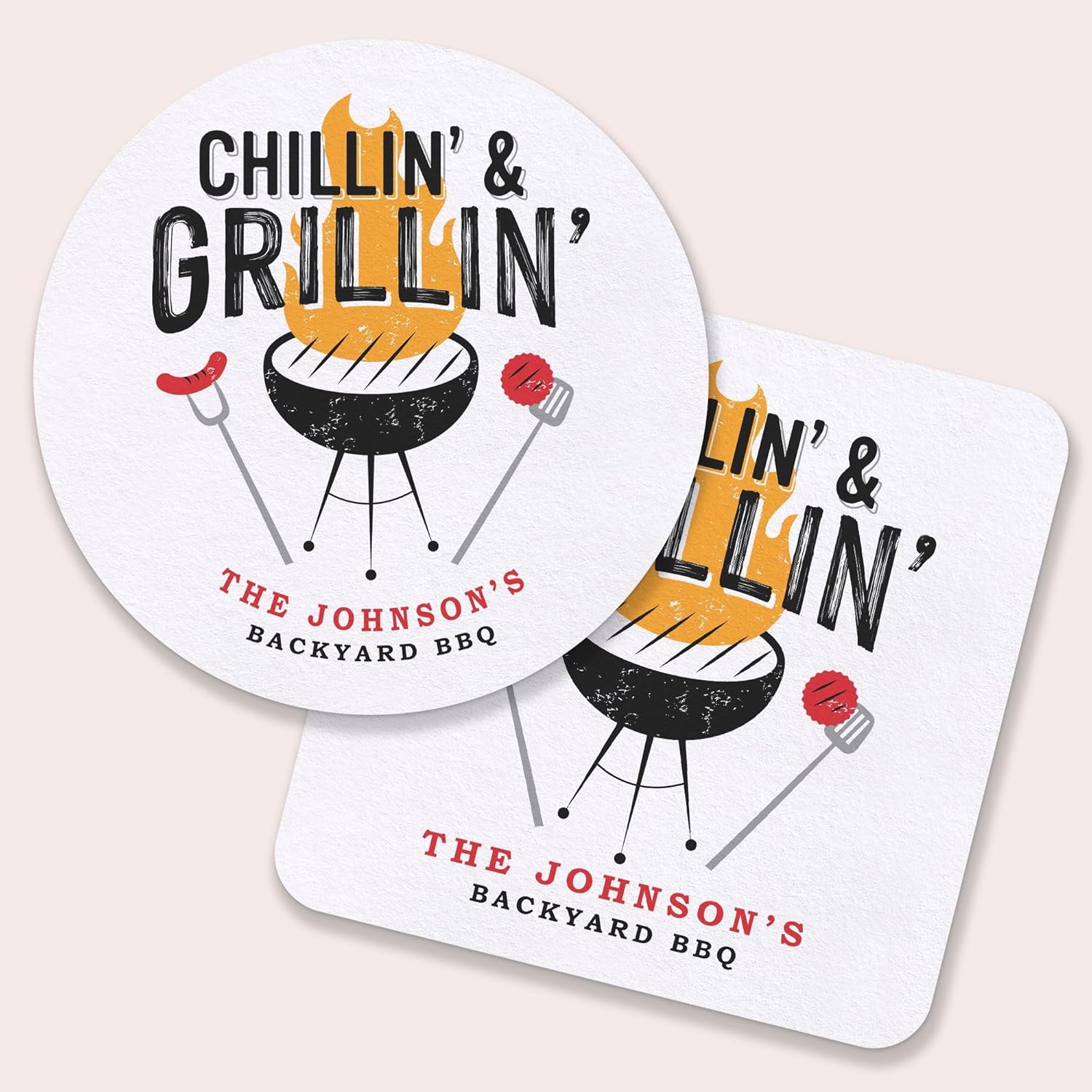 Big Dot of Happiness Personalized Chillin & Grillin Drink Coasters, 4-Inch Disposable Round Paper Coasters for Summer BBQ Picnic Party, Custom Funny Cocktail Table Decor for Drinks - Set of 25