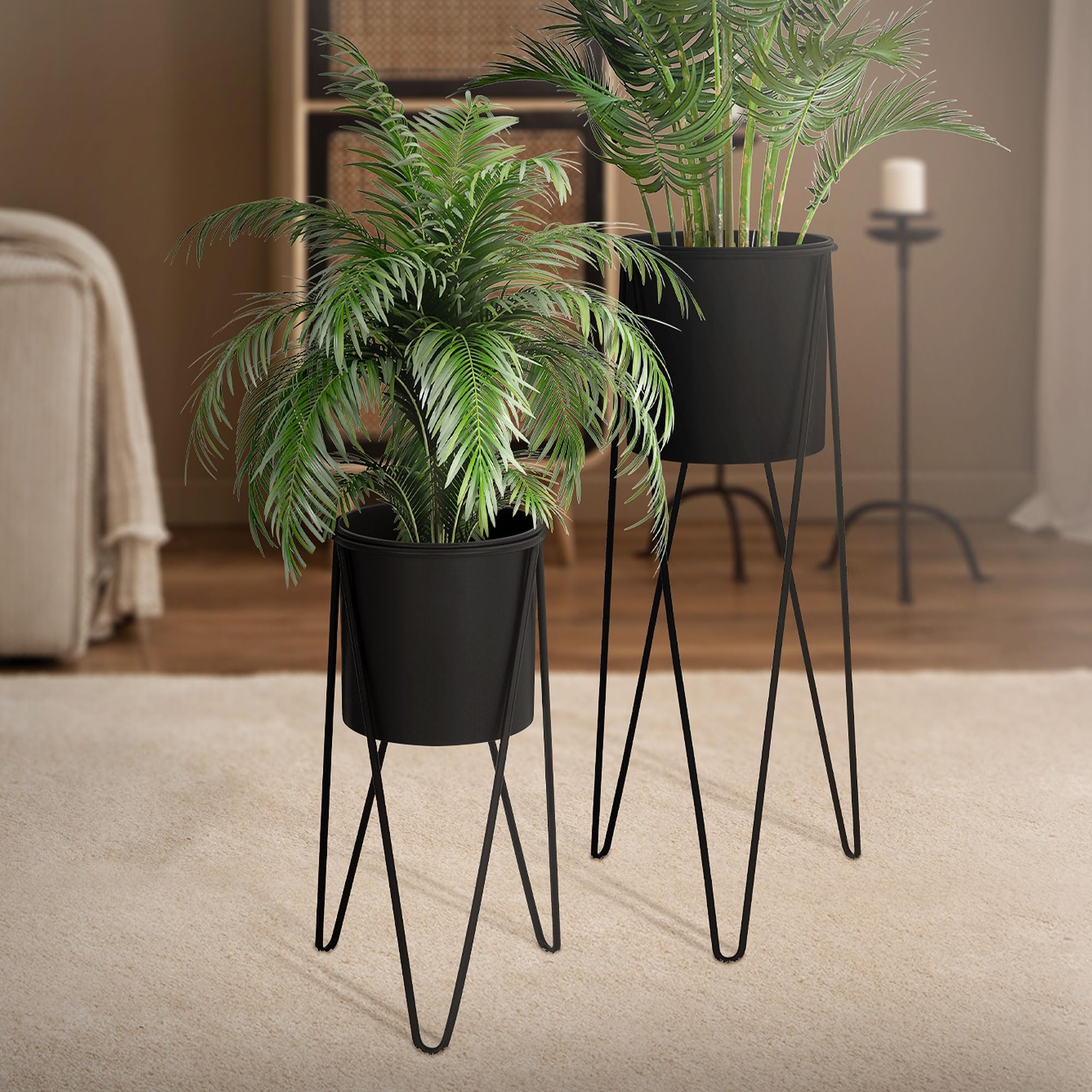 ML-Design stojak na kwiaty, zestaw 2 szt., czarny, 27 x 27 x 48,5 cm, 35,5 x 34 x 75 cm, ze stali, metalowy stelaż, stojak na rośliny, 2-częściowy, stojak na doniczki na kwiaty, dekoracyjny stojak na