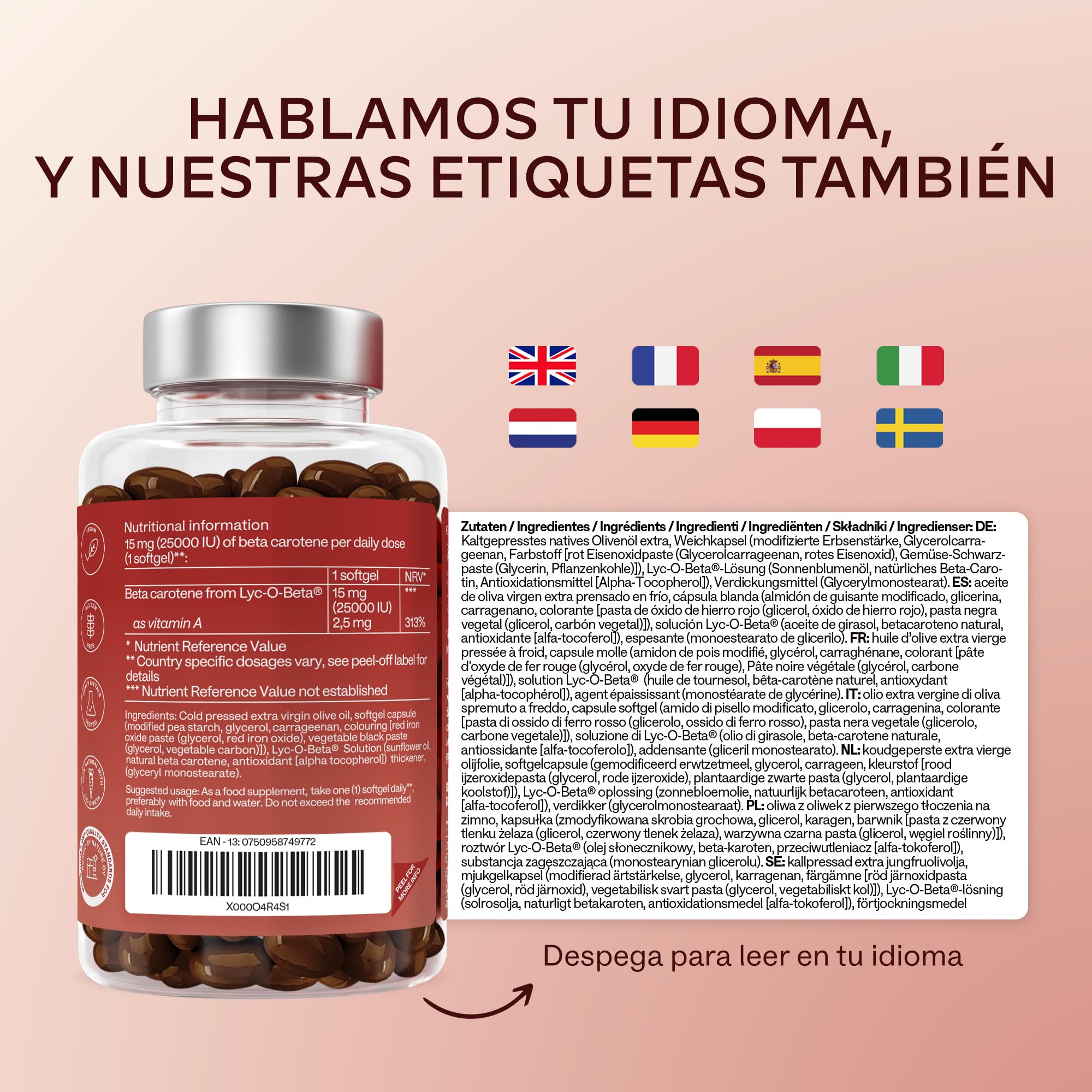 Betacaroteno [ 25 000 ui ] Vitamina A - 180 Cápsulas con Patentado Lyc-O-Beta - Con Aceite de Oliva Extra Virgen - Apoyo Natural Para el Bronceado, Ojos, Piel y Sistema Inmunológico