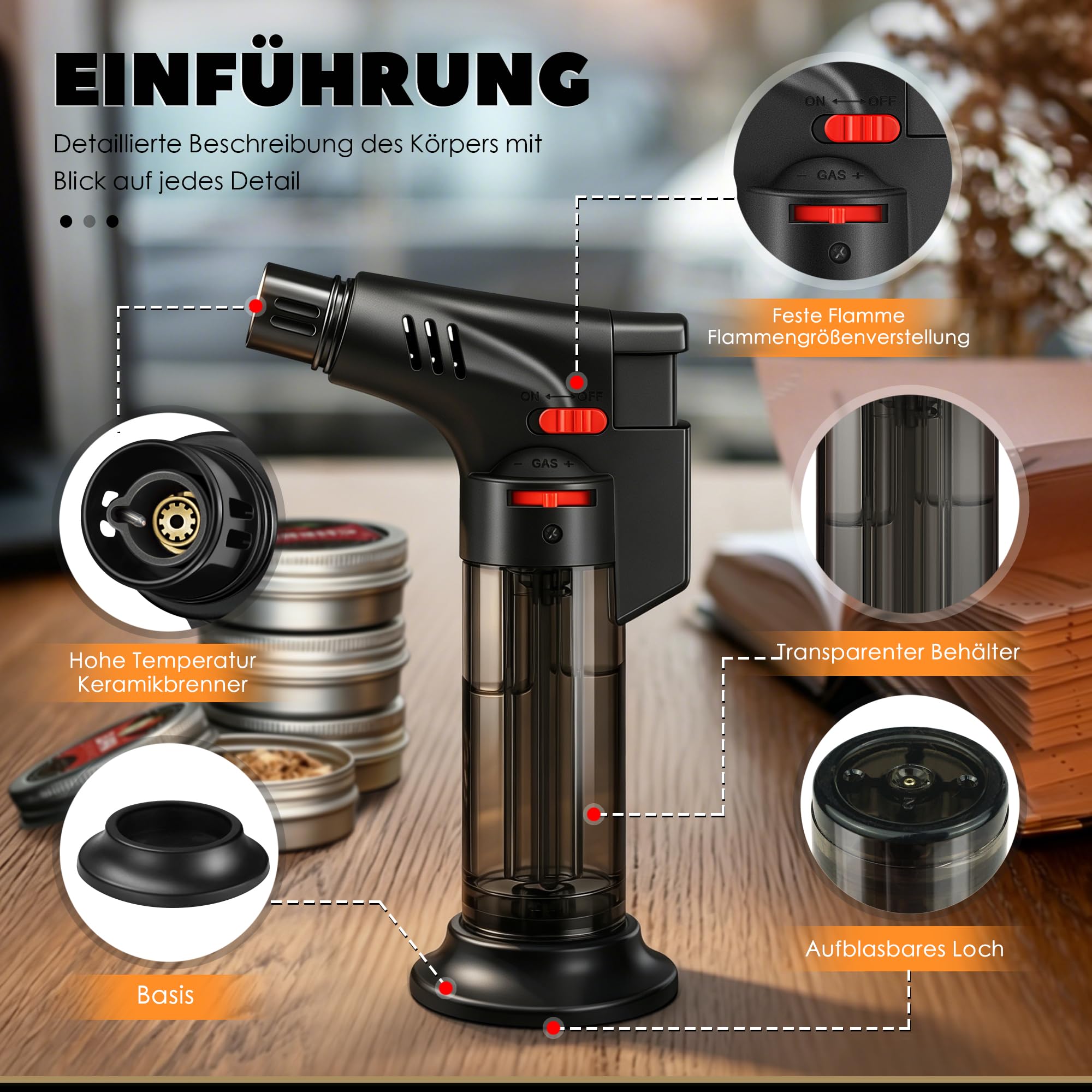 Whisky Räucher Set komplett mit Brenner und Holz-4 Geschmacksrichtungen, Cocktail Räucher Set mit Flambierbrenner, Whisky Geschenk für Männer (Feuergerät ohne Gasbutan)