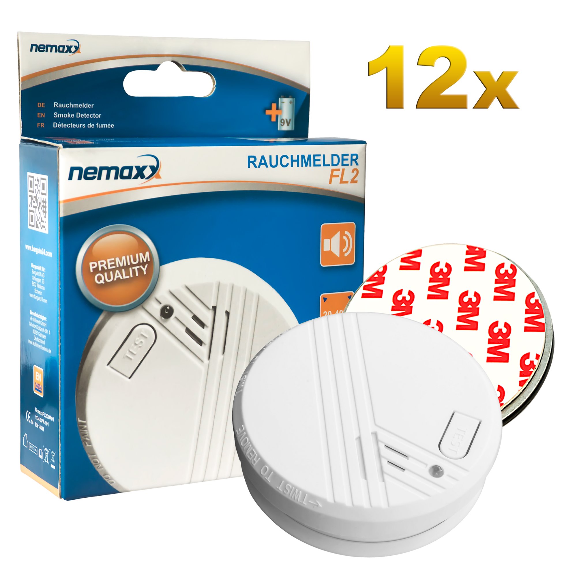 12x NEMAXX FL2 Détecteur de fumée de haute qualité avec technologie photoélectrique sensible + 12x NEMAXX Support magnétique