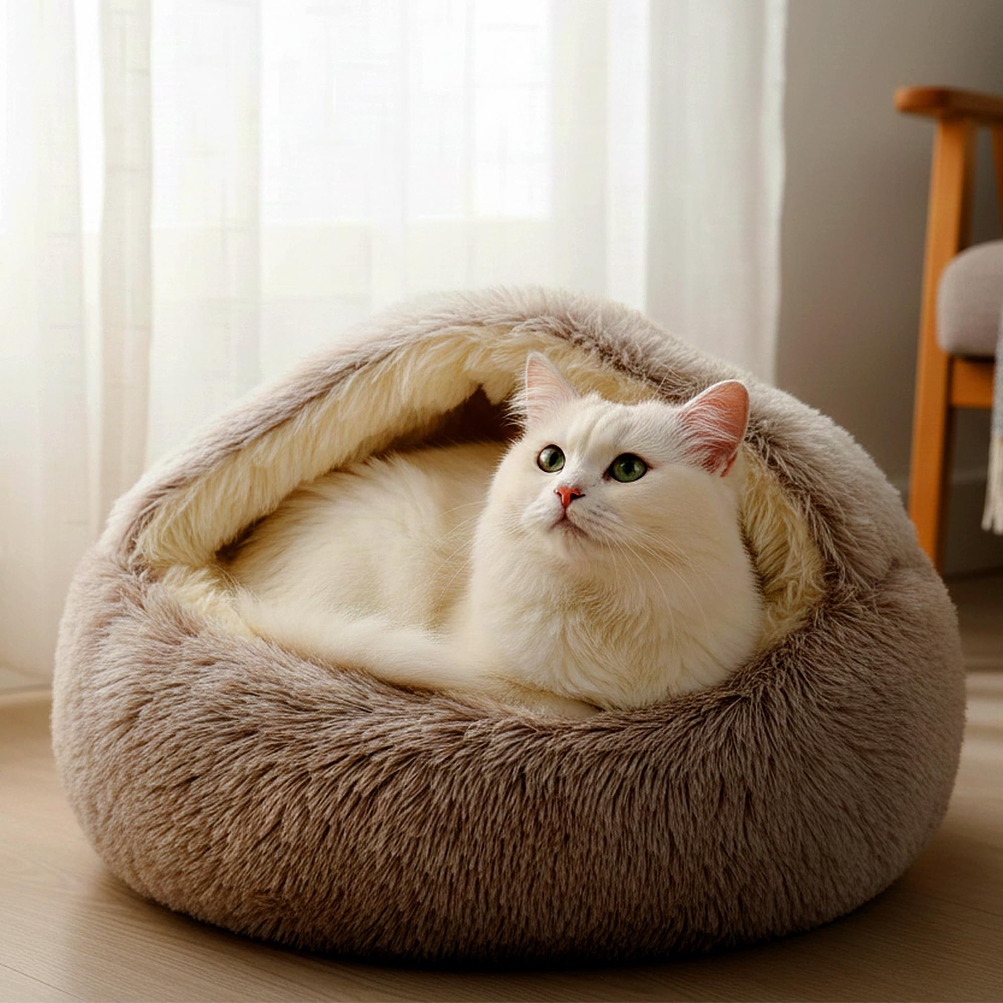 JupiterJX Round Cat Bed Fluffy Pet Beds Indoor Cat Cave Hooded Bed, Non-Slip Bottom Washable Removeable Plush Cover, Kitten, Cats, Dogs Sleeping Cushion Beds (Brown, 40cm)