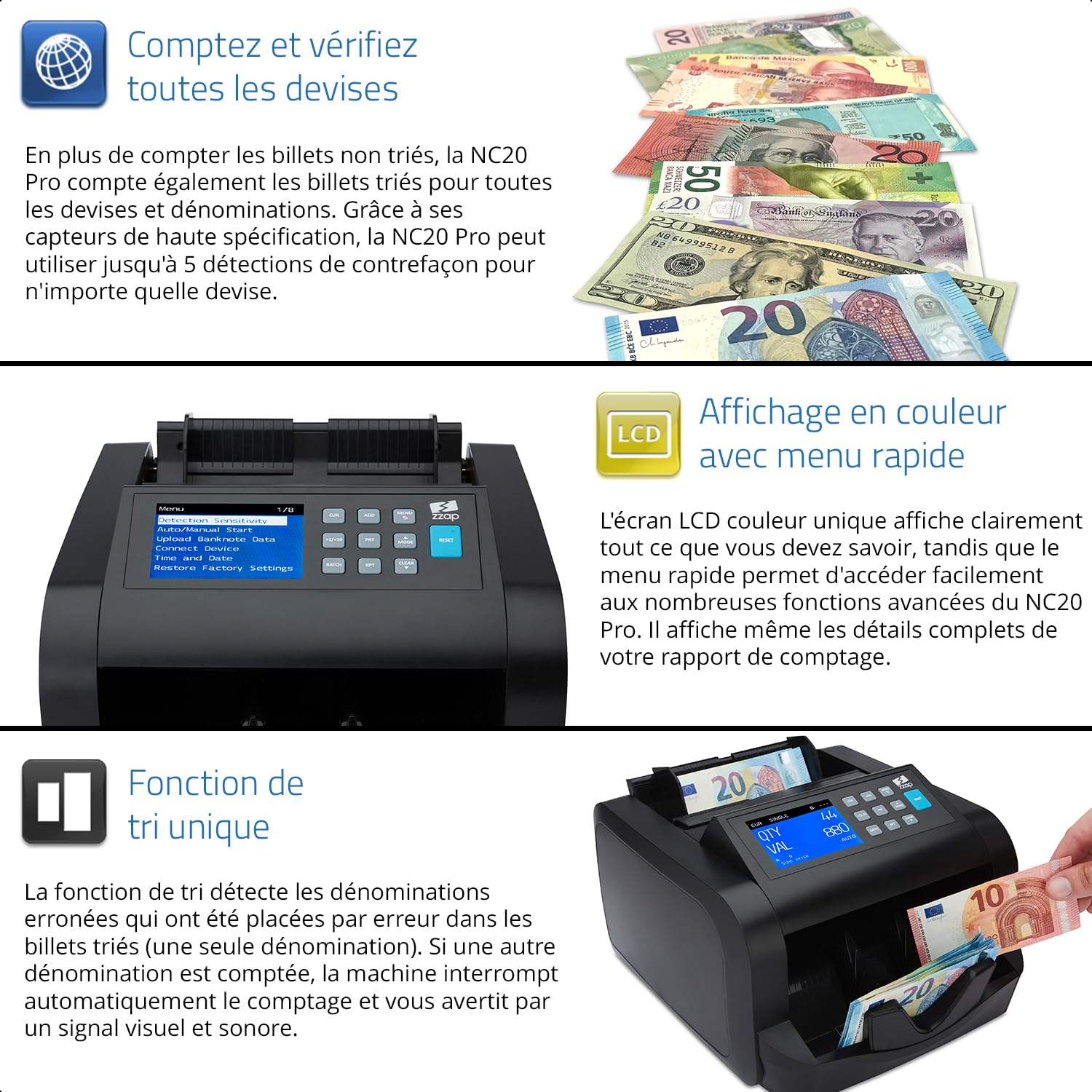 ZZap NC20 Pro Compteur de billets pour coupures mixtes & détecteur de faux billets – Machine à compter les billets, compteur de billets bancaires, compteur de valeur
