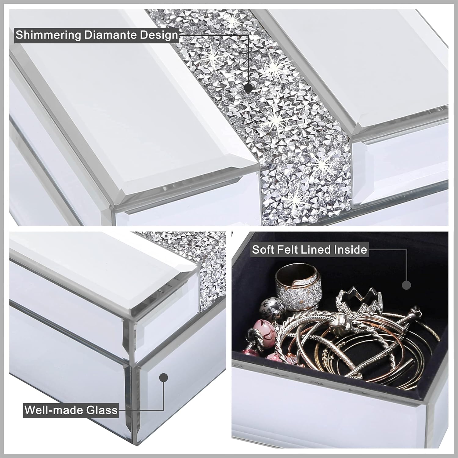 Silver Diamond Small Glass Box Glass Jewelry Box Decorative box Keepsake Box Jewelry Organizer Storage Organizer for Women Girls Luxurious Gift… (Mirrored)