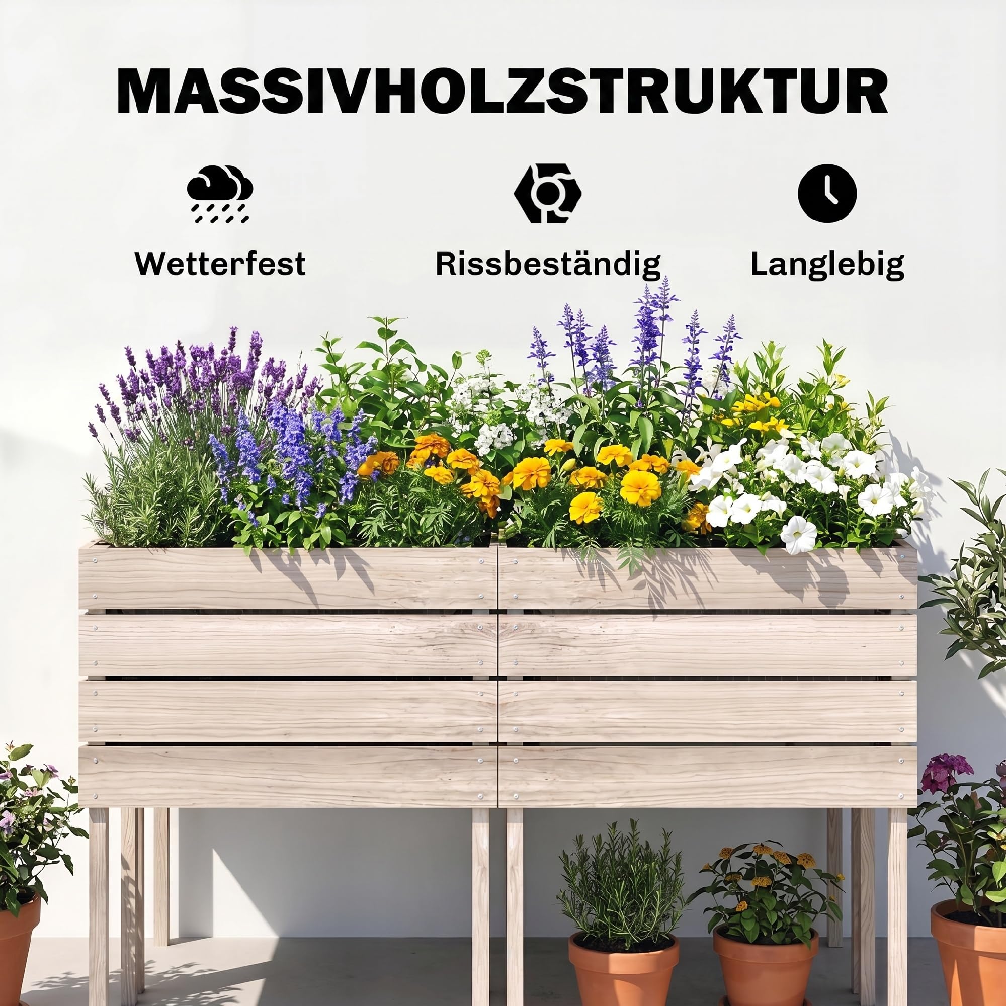 Outsunny Jardinières sur Pieds carrés potagers 50L x 30l x 60H cm Naturel | Lot de 4, Jardinières sur Pied Modulables, Inserts d'Irrigation, Film Protecteur, Bois Sapin, Pot Balcon
