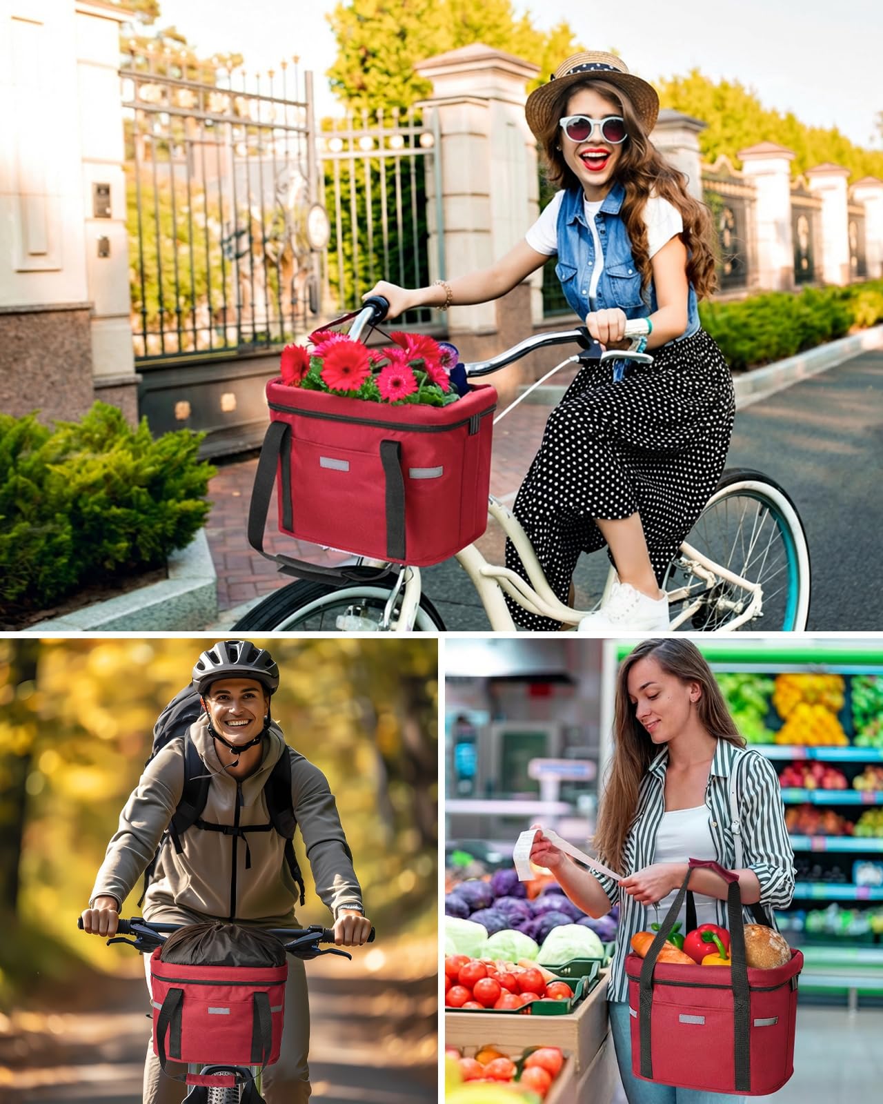 Cestino Bicicletta Anteriore, Cestino Rimovibile per Bicicletta Anteriore con Fissaggio rapido Pieghevole Fino a 5kg di Carico Cestino per Animali,Borsa per la Spesa,Campeggio All'Aperto, Rosso