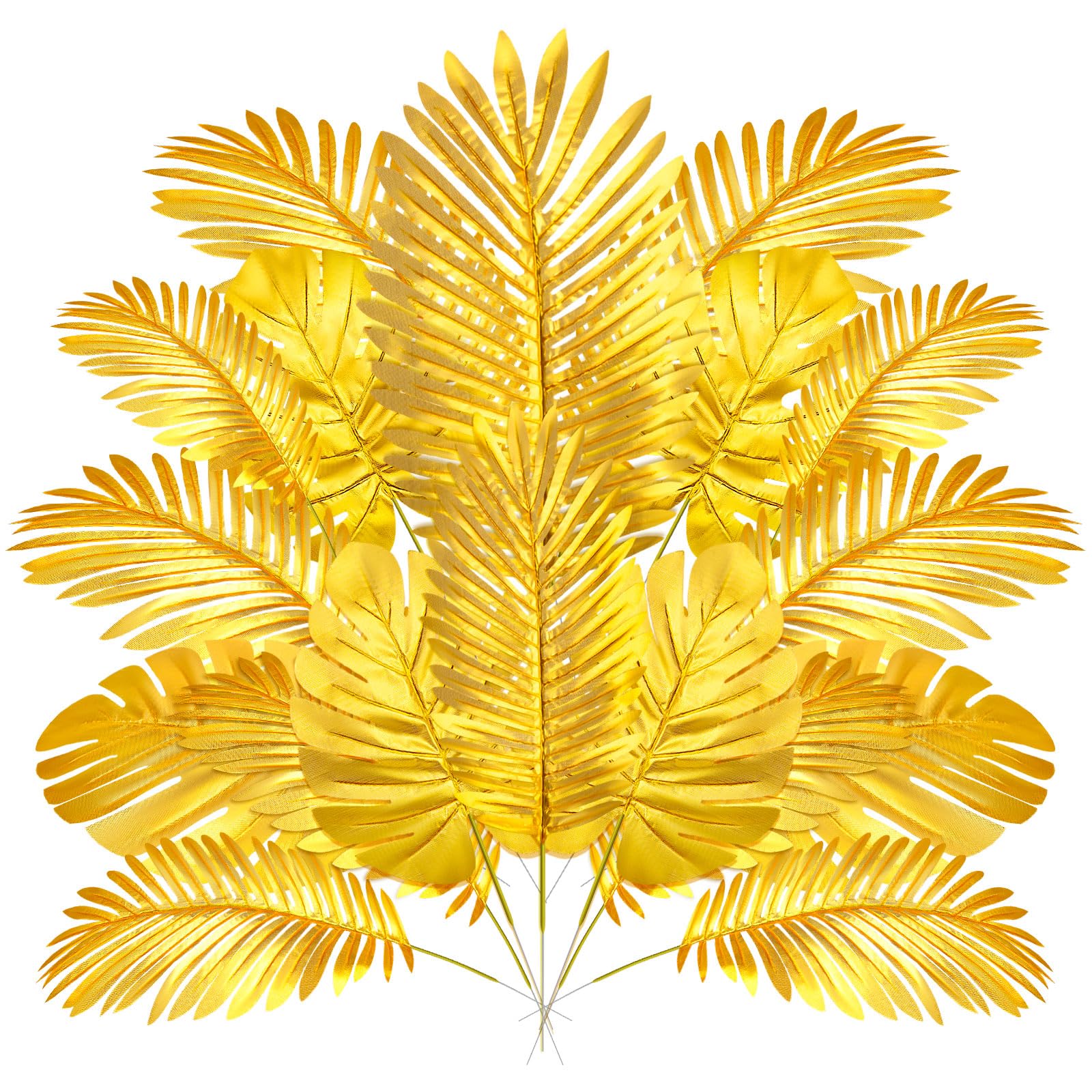 HFWTWPY 16PCS Gold Leaves Artificial Flowers, 4 Sizes Golden Palm Leave Fake Tropical Plant with Stems for Home Party Decor