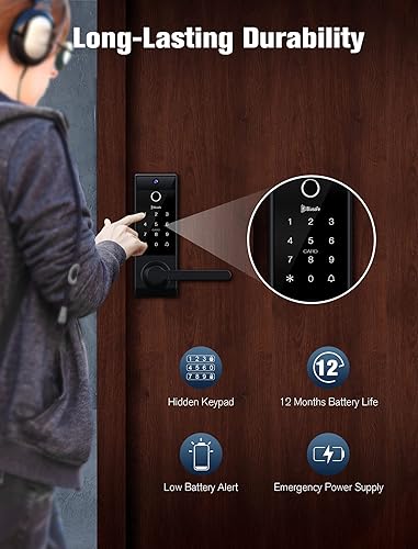 Miniatura 8 de Cerradura inteligente sin llave, cámara 3 en 1+timbre+huella dactilar, WiFi con asa, control de aplicaciones, antimiradas, bloqueo automático, IP65