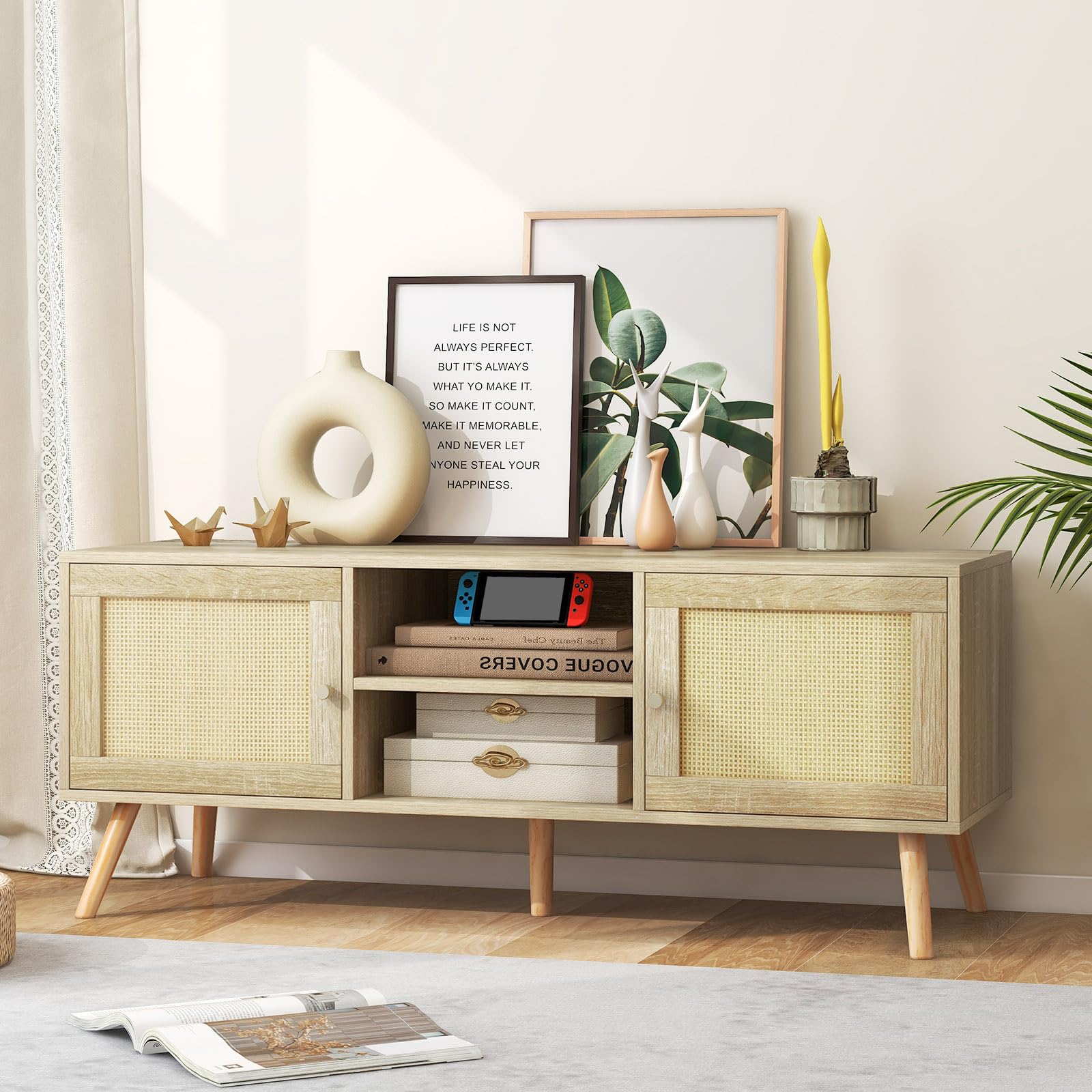 Mobile TV Soggiorno Fino A 55 Pollici - Con 2 Ante In Rattan E Ripiani Aperti, Stile Boho, 120x40x40.5 Cm