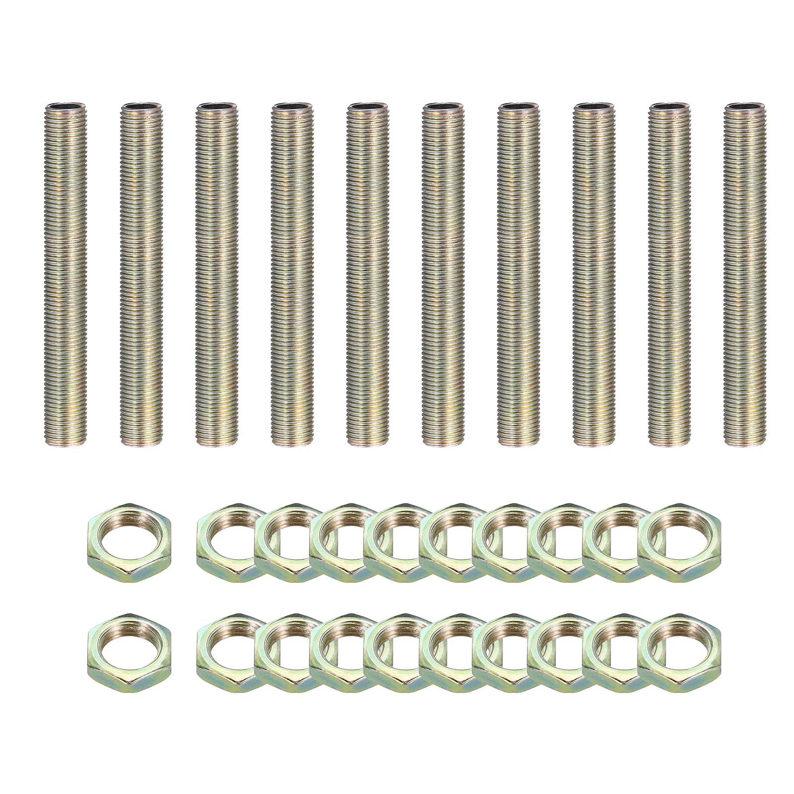 sourcing map 10Pcs 75mm Lamp Pipe Nipples Kit with Lock Nuts, M10x1 Fine All Threaded Hollow Tube Lamp Repair Hardware Fasteners for Chandelier Ceiling Lamps Assembly DIY, Color Zinc