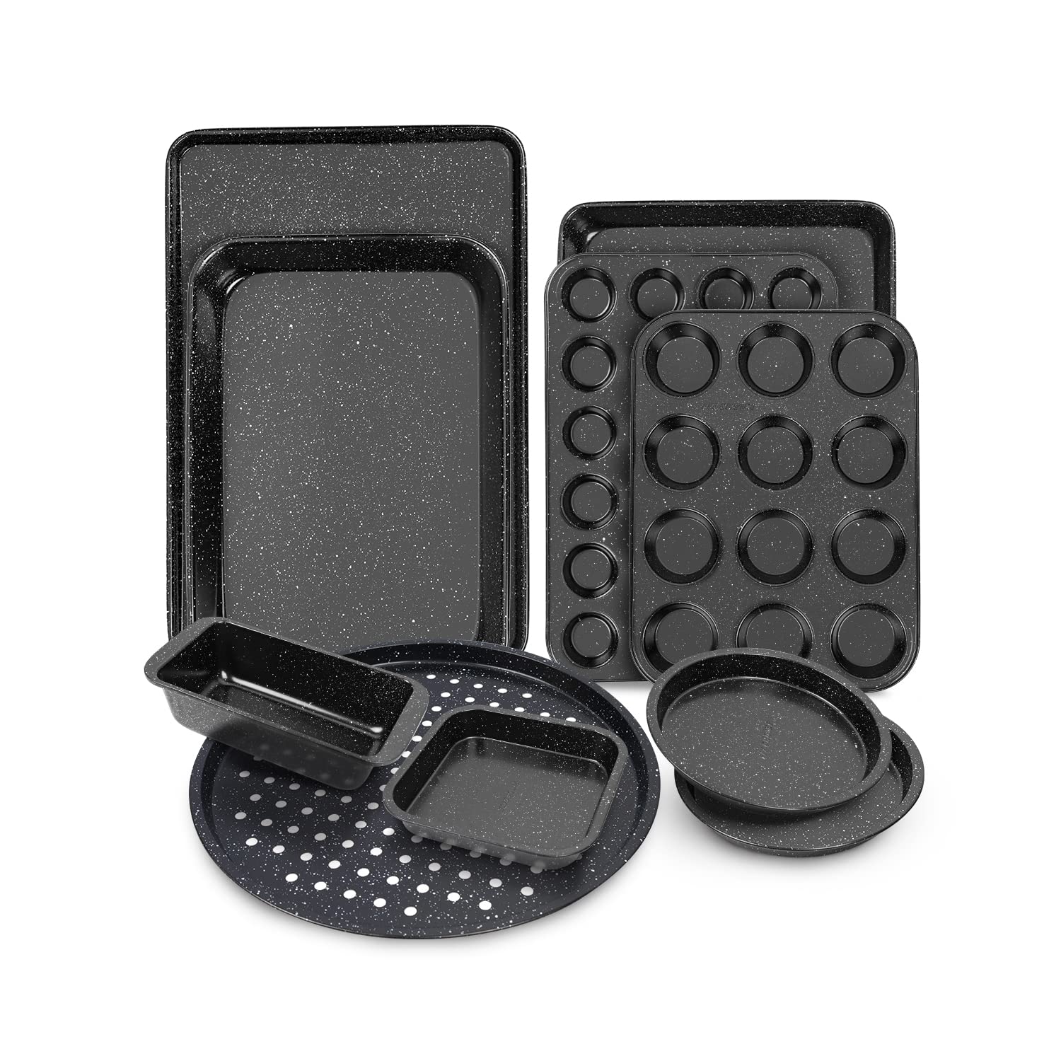 Amazon.com: 10-Piece Baking Pans Set Nonstick, Bakeware Set With Baking  Pan, Cookie Sheet Set, Muffin Pan, Cake Pan, and Pizza Pan, Oven Safe Up to  450°F (Ceramic Coated Black): Home & Kitchen