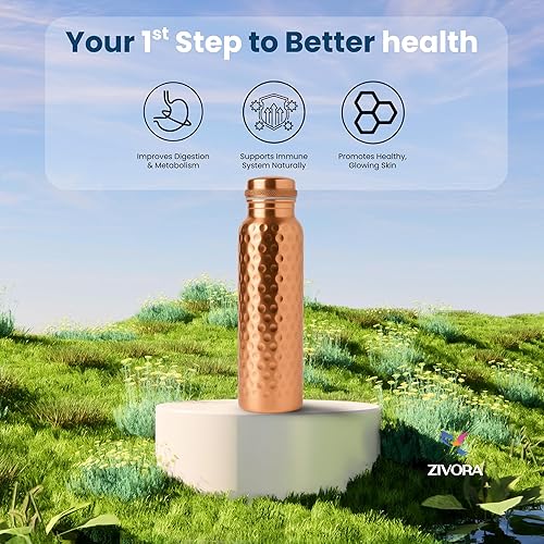 Miniatura 3 de Botella de agua de cobre puro para beber, probada en laboratorio, vaso 100% puro, botella de cobre ayurvédico martillado, 34 onzas