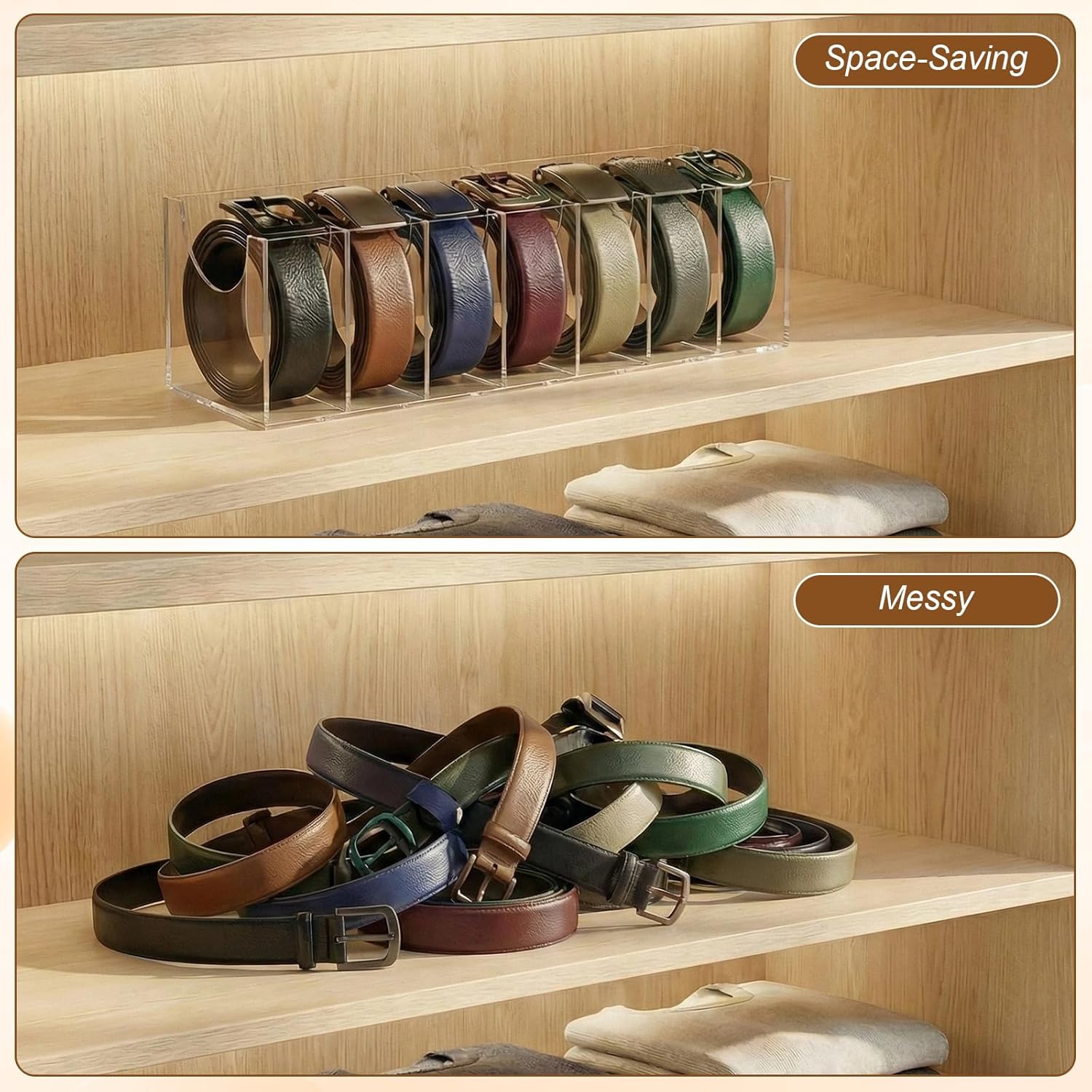 7 Compartments Belt Organizer with Lid Acrylic Belt Storage Holder for Closet Drawer with, Belt Holder Organizer Closet Holder, Clear Belts Display Case for Watch, Jewelry, Socks