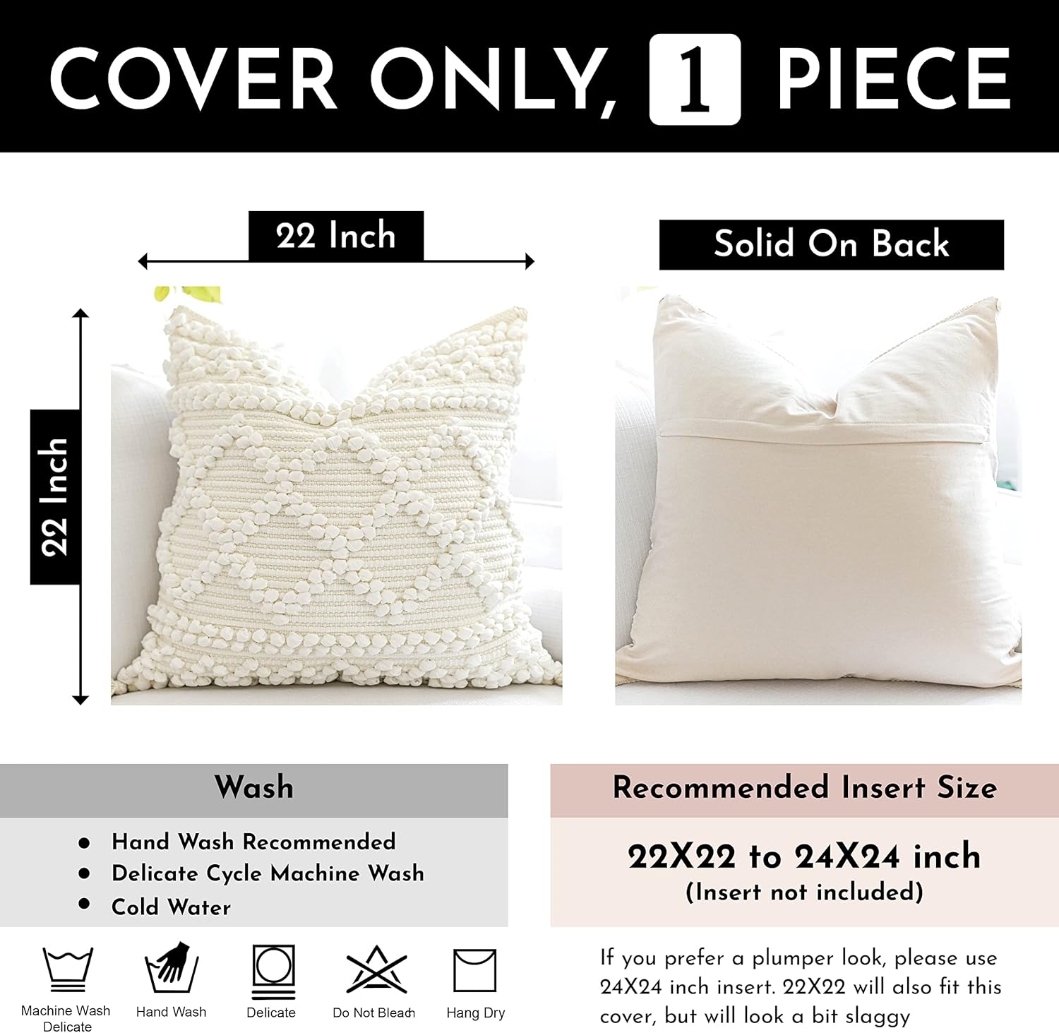 Pure White Decorative Throw Pillow Cover 20X20, Boho Accent Pillow for Couch, Square Modern Farmhouse Pillowcase for Living Room Couch Sofa Cushion Home Décor (Pack of 1)