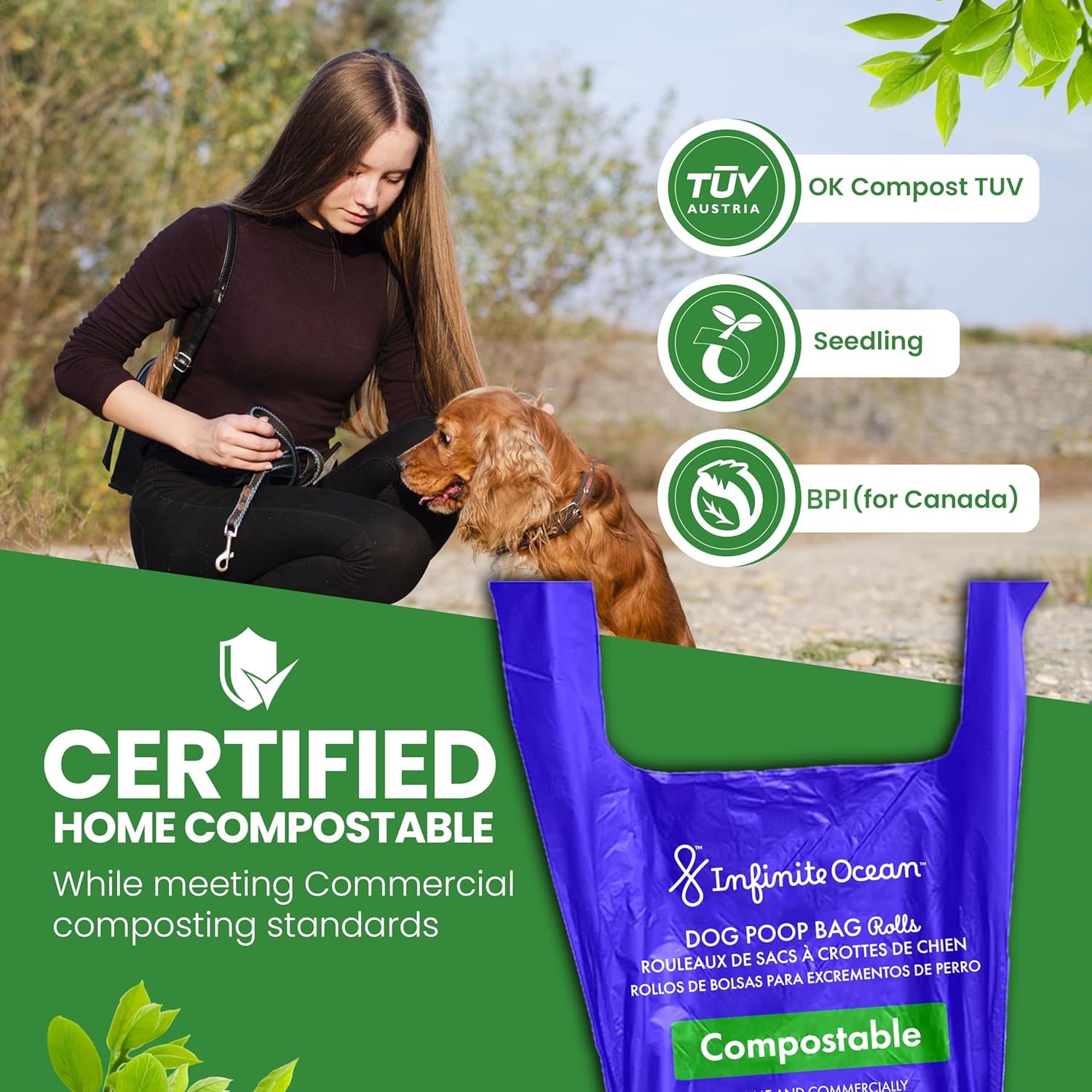 Certified Home Compostable Dog Poop Bag Rolls, 300 Tie-Handle & Gusseted, Leak-Proof, Odor-Proof Bags, Thick Blue Refill Rolls, Unscented