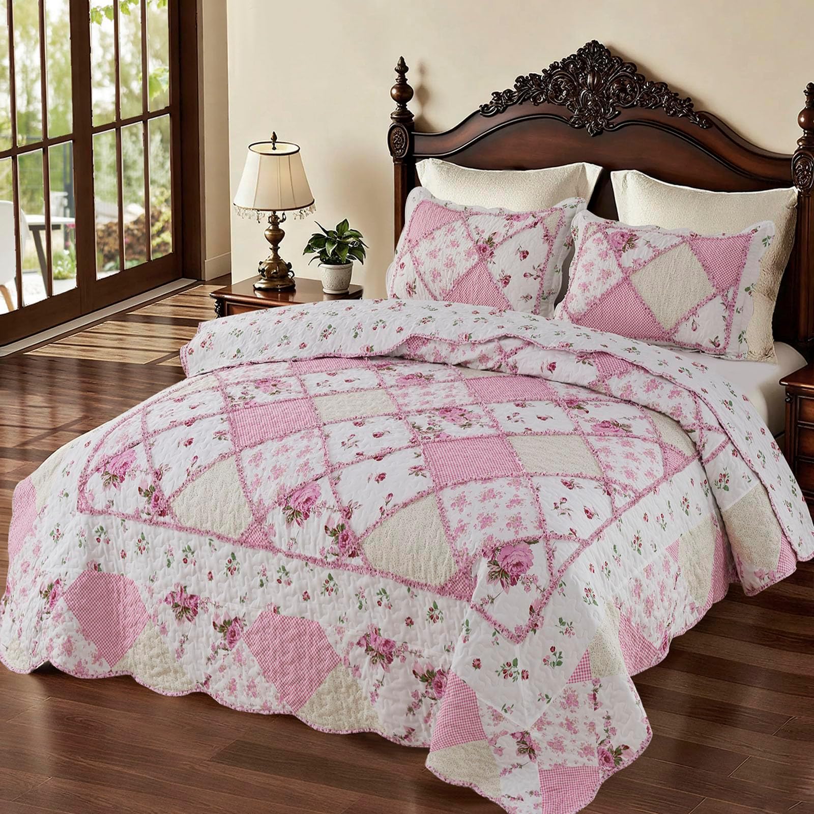 VIVILINEN Pink Patchwork Quilt Set Queen Size Reversible Quilted Bedspread Coverlet Set 3-Piece Floral Lightweight Comforter Stitched Bedding Set Bed Sheet Set Cover Blanket with 2 Pillow Shams
