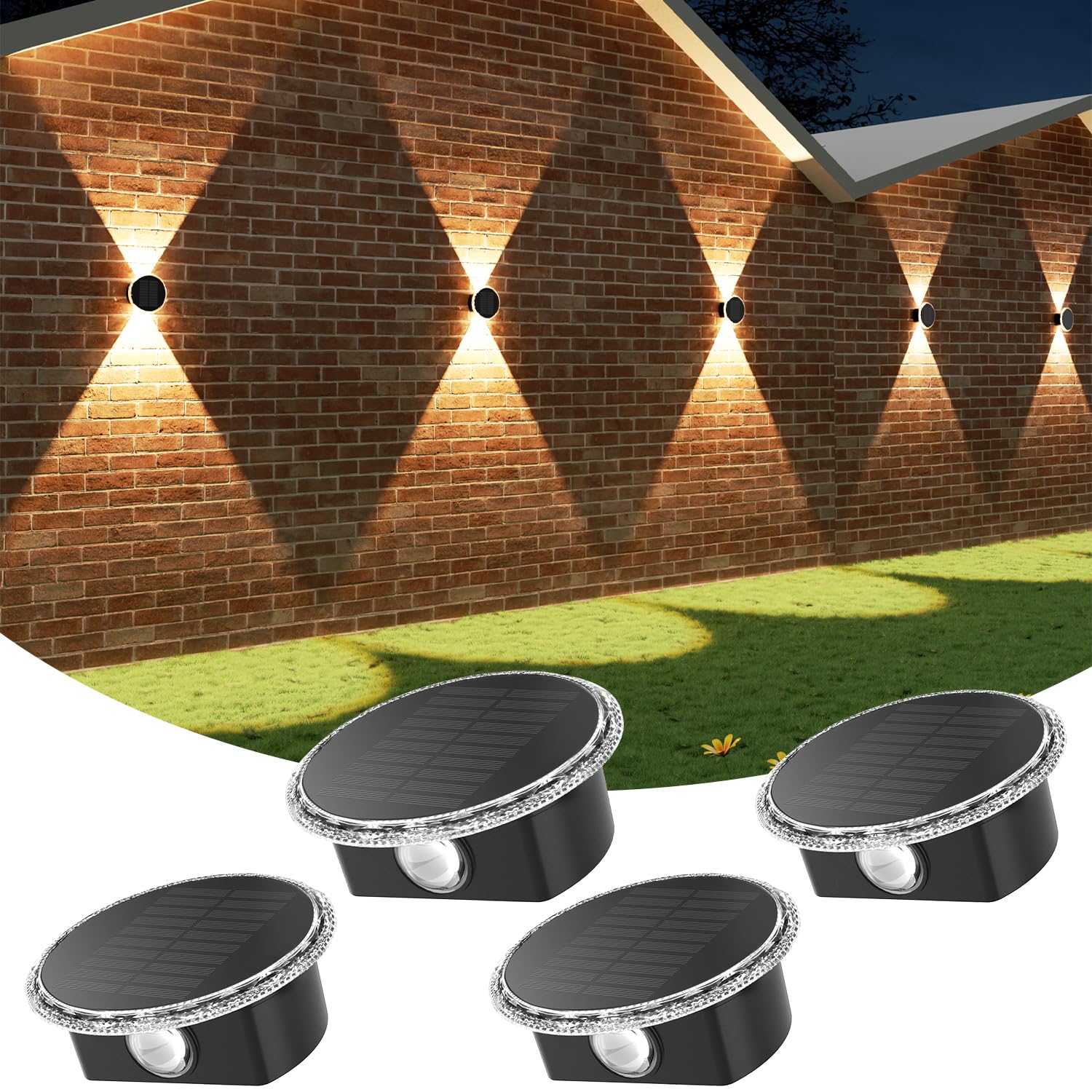 ELLASAY Solar Lights Outdoor Garden: 4-Pack Round Solar Wall Lights with Up and Down Lighting, IP65 Waterproof & 3 Colour Modes, for Fence/Patio/Backyard/Pathway/Decorations