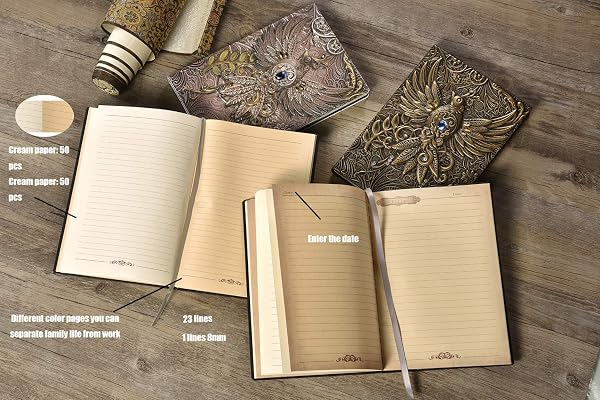 YHH Carnet de Notes A5 Ligné 200 Pages, Cahier de Voyage Cuir Vintage, Couverture Rigide, Beau Journal Intime Notebook Lined, Fait à la Main, Ancien, Cadeau Enfant Adulte, Phénix1 Magique, Argent - 3