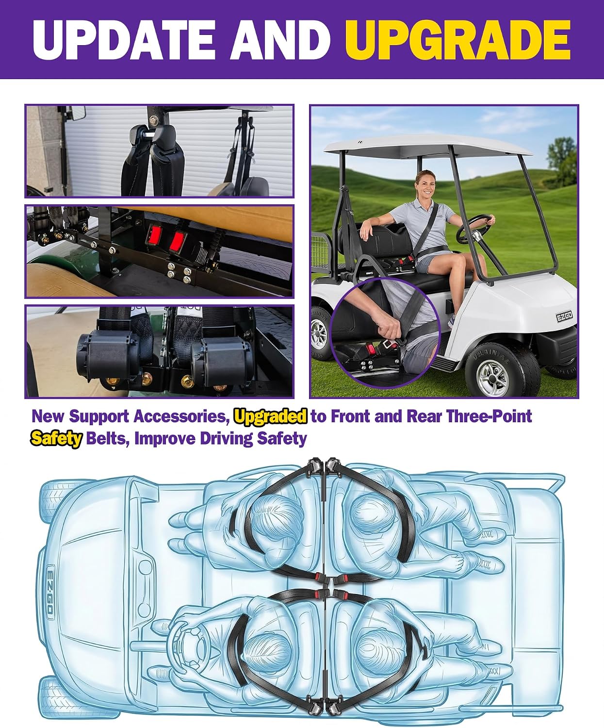 HOWBOW 3-Point Seat Belts Kit for Golf Cart 4 Passanger (2+2),Front and Rear Retractable Golf Cart Seat Belt with Bracket fit EZGO TXT Yamaha Club Car,Ajustable Freely Seatbelts fit Various Scene