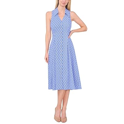 CeCe Printed Sleeveless Collared Belted Midi Dress Women
