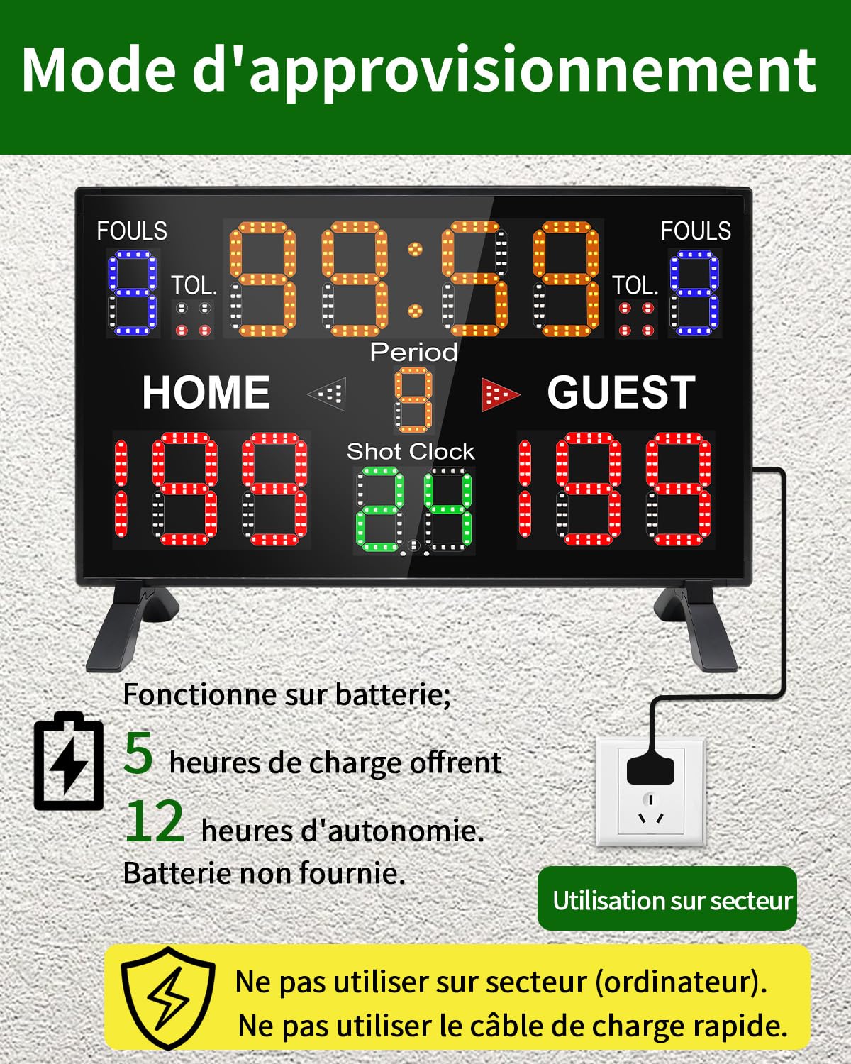 LUCKY TIME Tableau de score de basket-ball avec horloge de tir, 12/14/24/30/25/60 secondes, tableau de score numérique avec télécommande, tableau de score électronique alimenté par piles pour