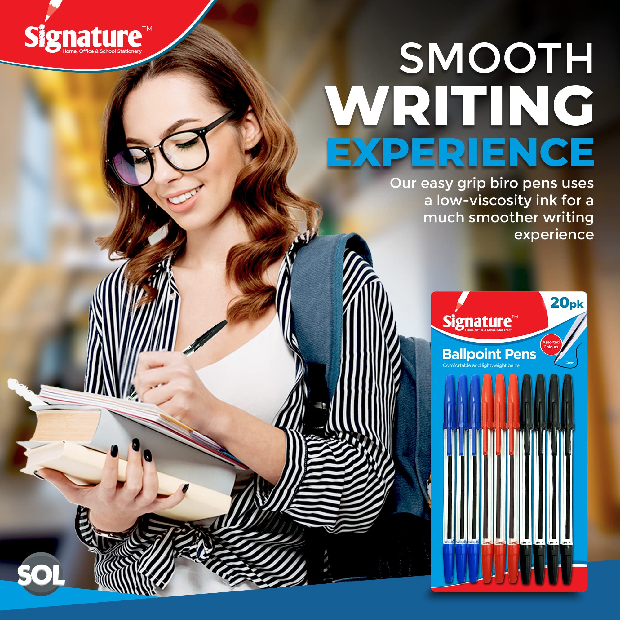 SOL 20pk Ballpoint Pens, Black, Blue and Red Biro Multipack, Smooth Writing with a Comfortable Grip - Image 2