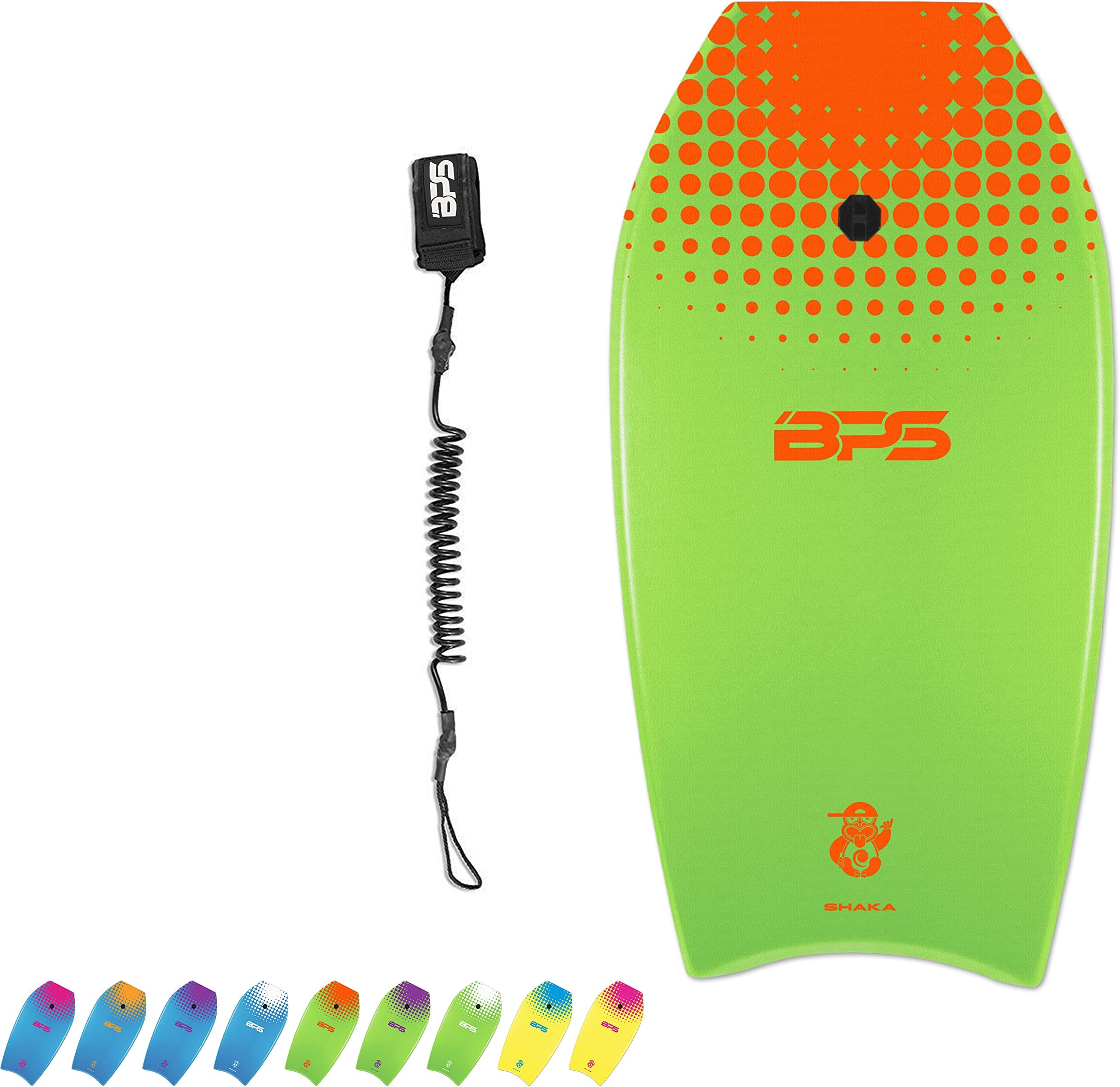 BPS 'Shaka' Body Board with Wrist Leash, Lightweight with EPS Core, High-Speed Slick Bottom Surface, Choose Color and Size