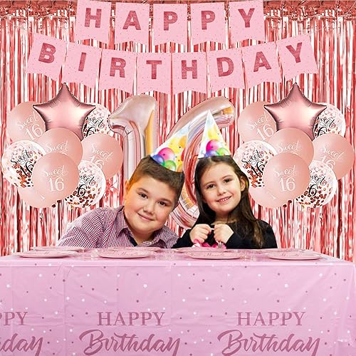 Miniatura 5 de Decoraciones de fiesta de cumpleaños número 16, suministros de fiesta de oro rosa para niñas, cortinas de flecos de aluminio, platos, mantel,