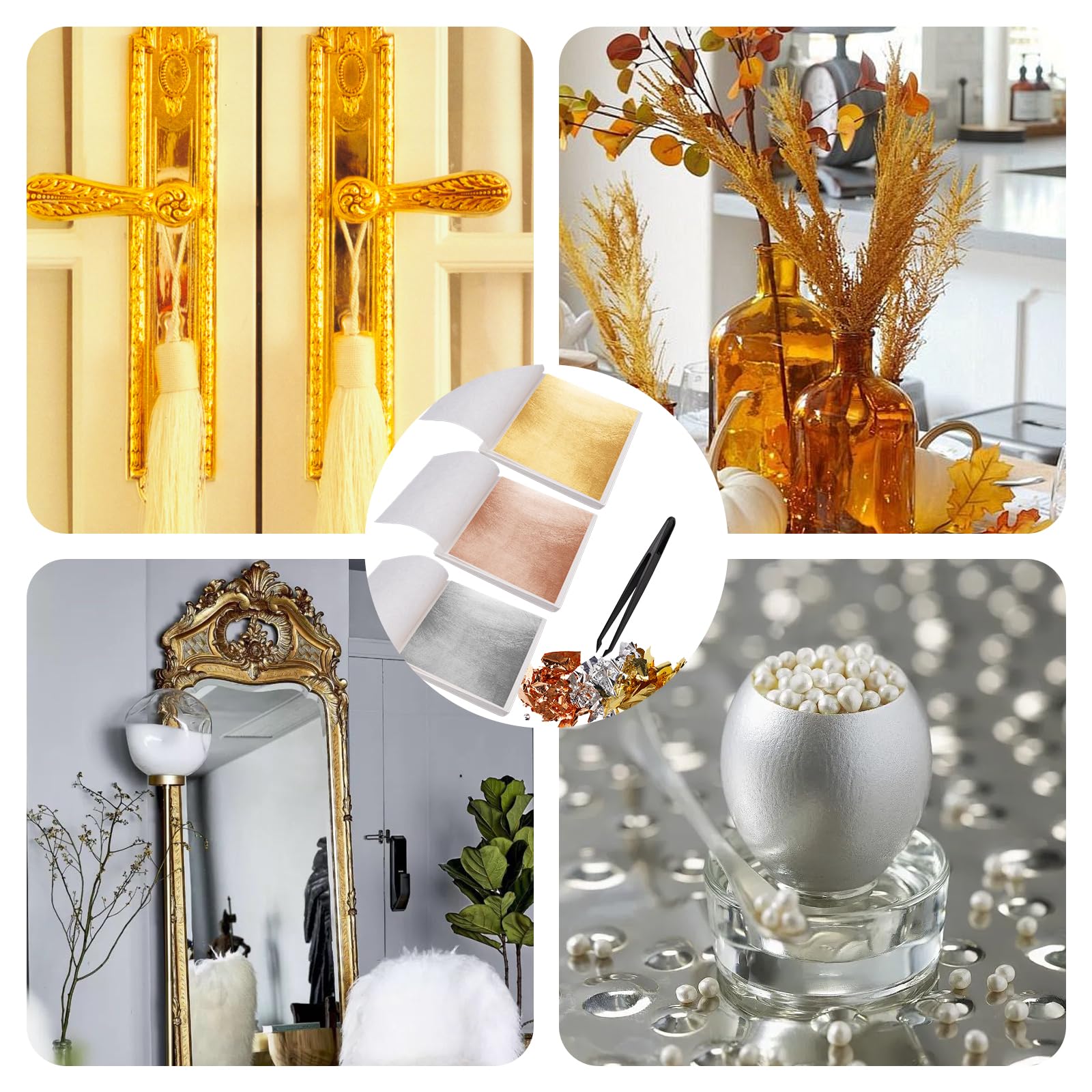 300 Hojas Pan de Oro Manualidades, 8,5 x 8 cm Pan de Oro de Imitación, Lámina Dorada para Dorado con Pinzas de Plástico, Papel de Plata y Oro Rosa para Arte de Uñas, Maquillaje, Proyectos de Artes
