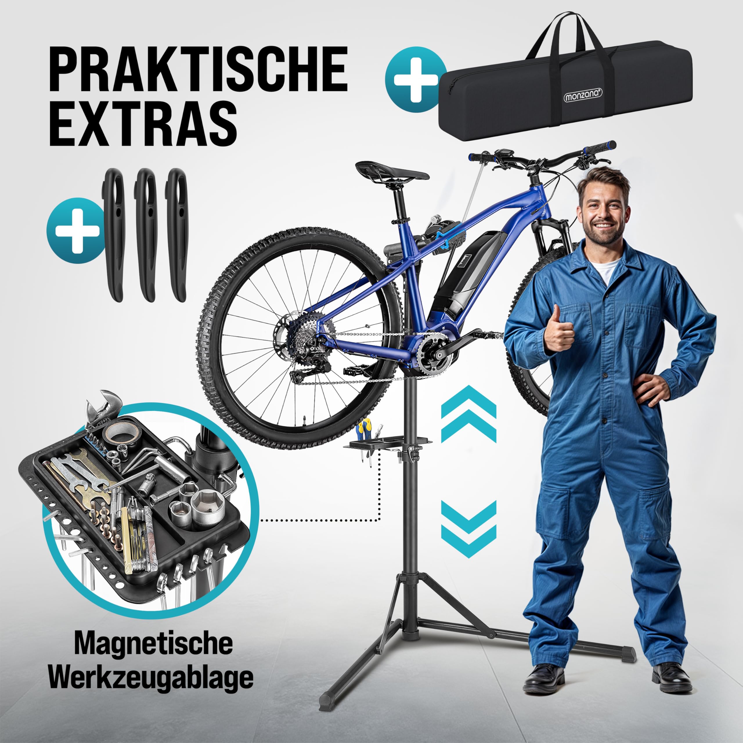 Monzana® Fahrradmontageständer Profi 50 kg für E-Bike Tragetasche Reifenheber Werkzeugablage Stahl klappbar höhenverstellbar Reparaturständer Fahrrad
