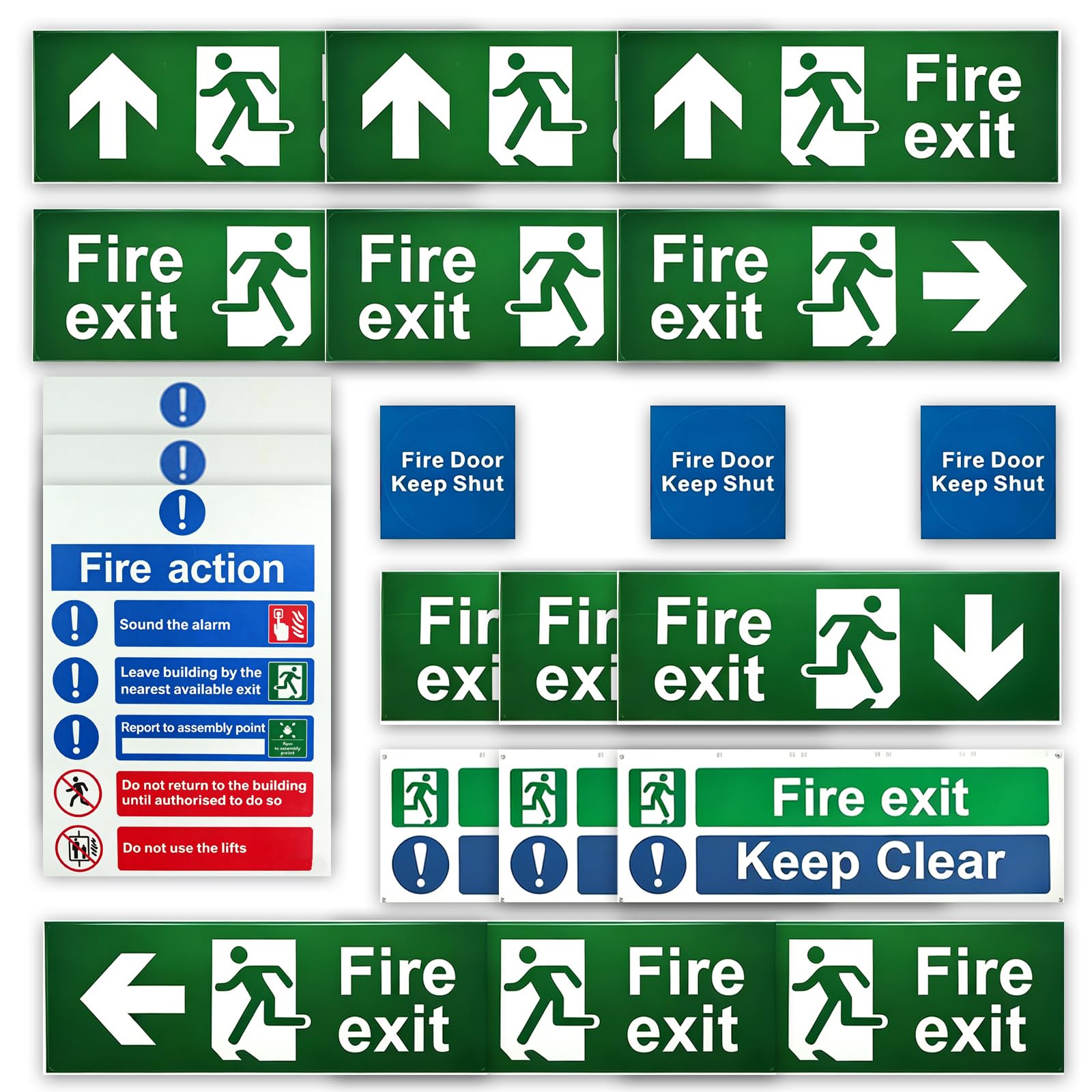 21 Pcs Fire Exit Sign Kit (Right, Left, Up, Down Arrow), Fire Action Notice Sign, Keep Clear, Door Keep Shut, Self Adhesive Vinyl Stickers, Waterproof Health and Safety Signs