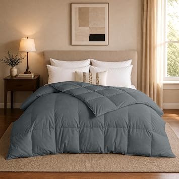 Goose Feather Comforter Full Queen Size, 100% Cotton Duvet Insert All Season, Bed Comforter Quilted Hotel Luxury Fluffy with 8 Corner Tabs & Baffle Box Design, 90 x 90 Inch, Grey, Machine Washable