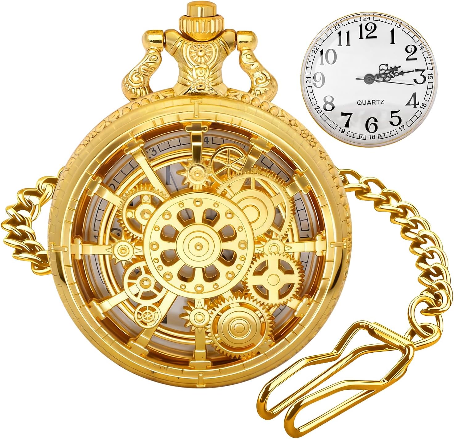 Tiong Hollowed-Out Multi-Gear Men’s Casual Quartz Pocket Watch with White Arabic Numeral Dial