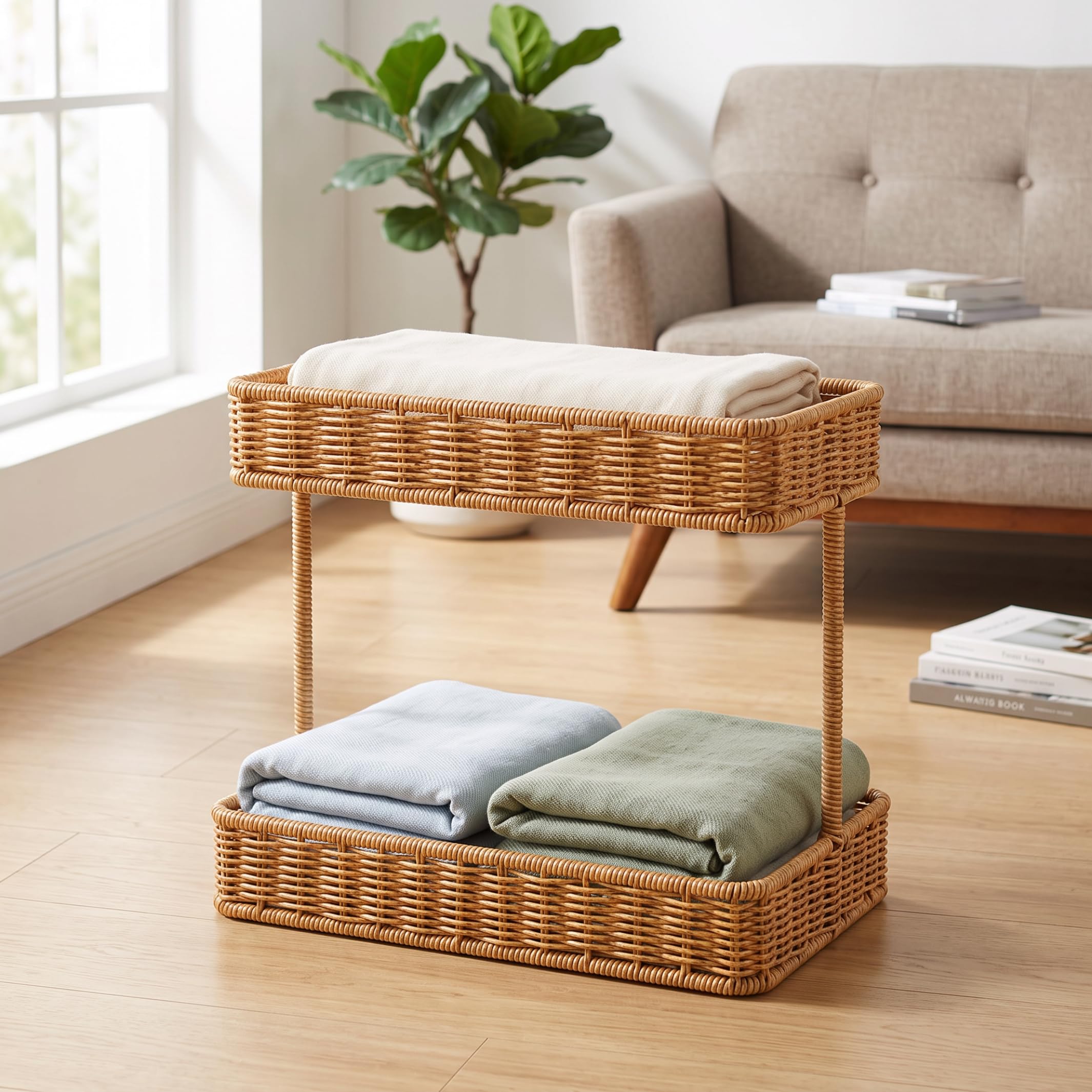 Cesto in rattan Cestino portaoggetti rettangolare in rattan intrecciato a 2 livelli