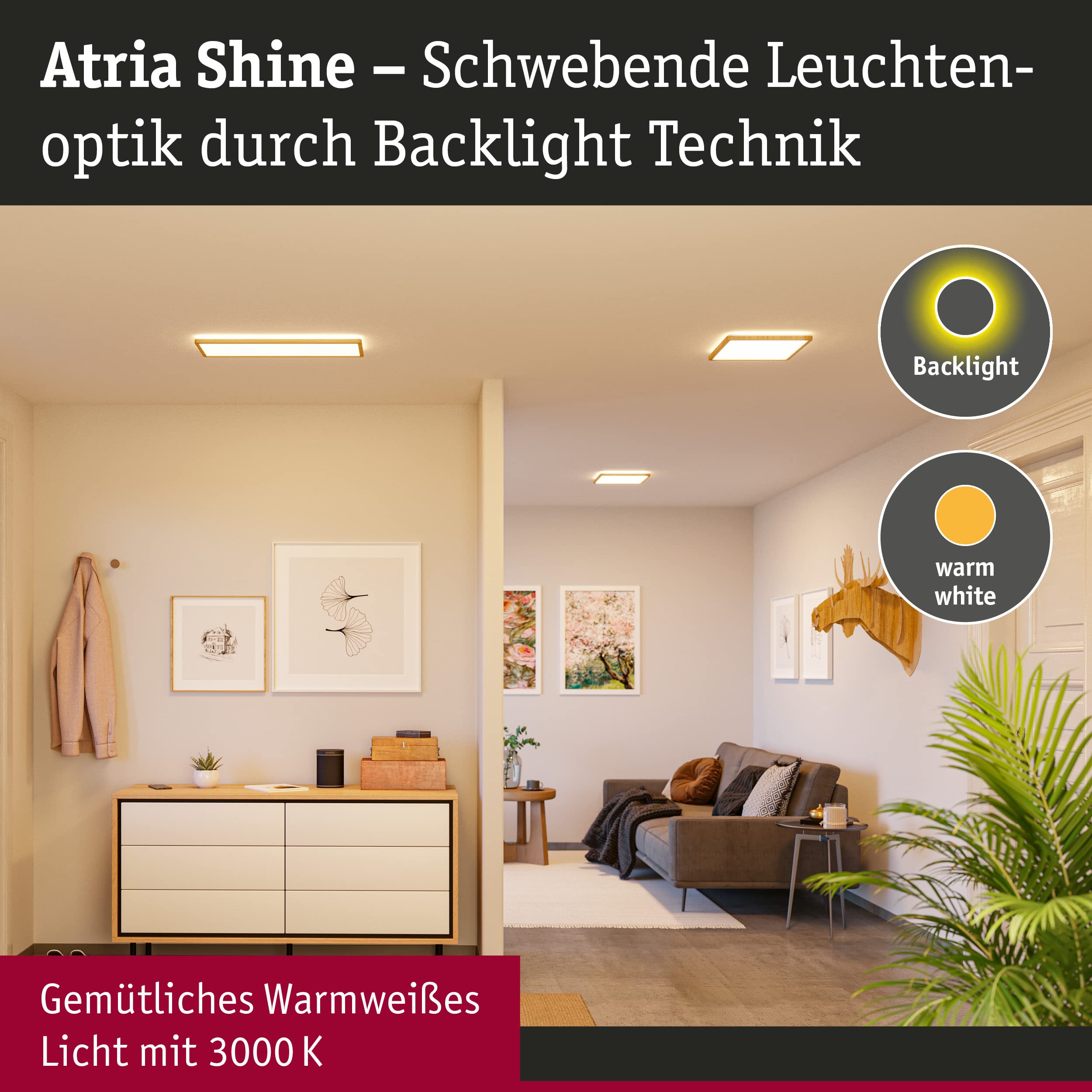 Paulmann 71031 LED Panel Atria Shine Deckenleuchte mit Backlight eckig IP44 22W 2300lm 580x200mm Holzoptik Kunststoff 3000K - Warmweiß Badleuchte
