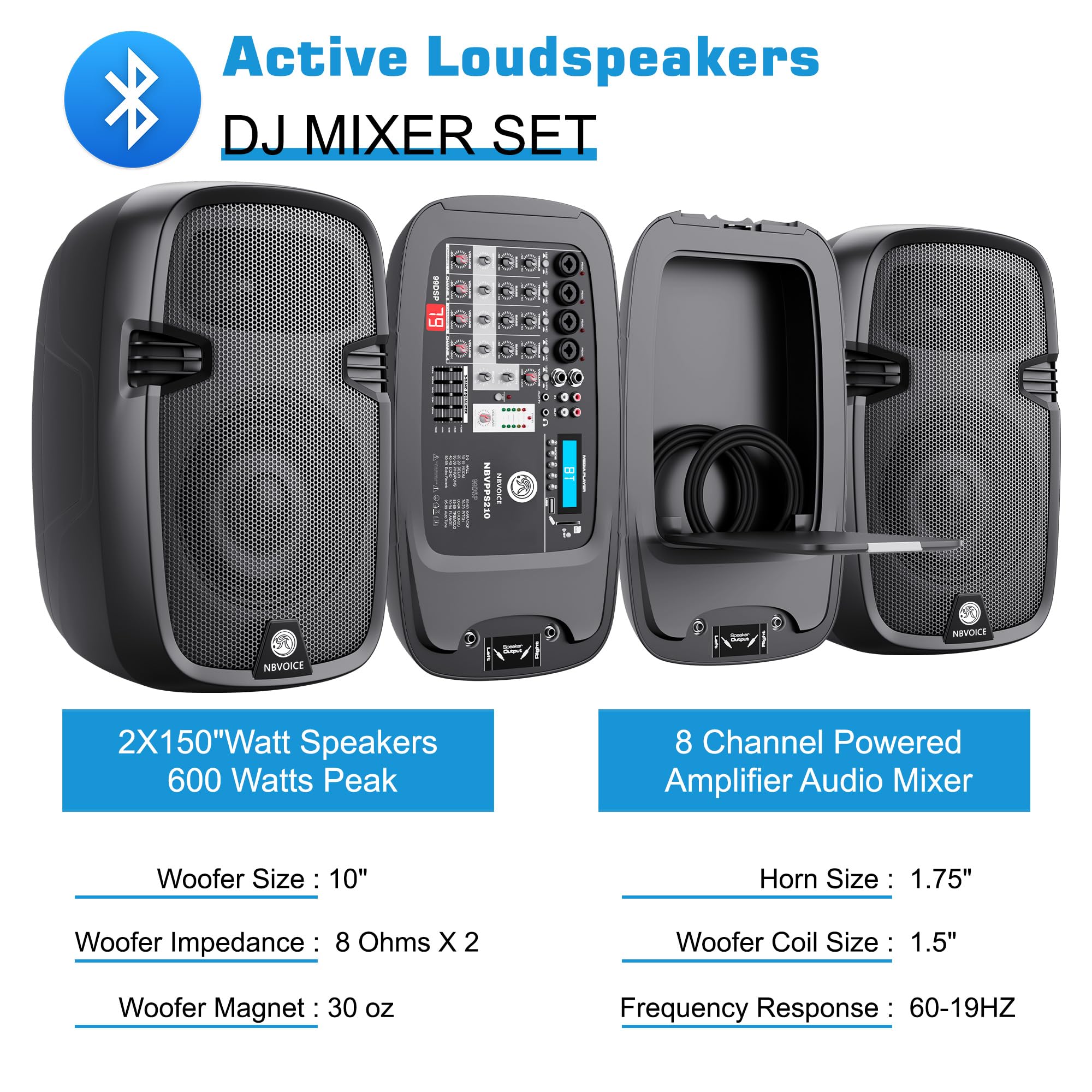 NBVOICE 10 Zoll 600 W professionelle PA-Anlage mit Mischpult, 99DSP-Technologie | Bluetooth 5.3, USB-Wiedergabe, XLR-Eingänge | Verbessertes Drahtmikrofon & LCD-Konsole für DJ, Veranstaltungen im