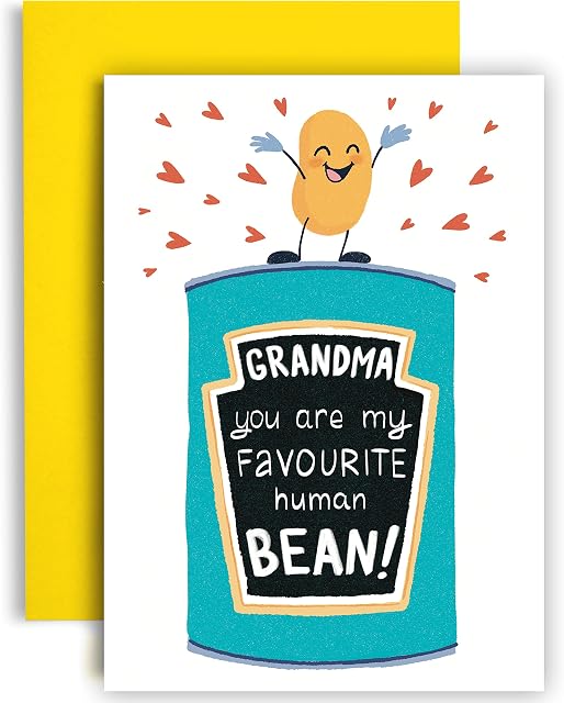 Huxters Happy Birthday Card  A5 Grandma Funny Card  Grandma You Are My Favourite Human Bean - Whimsical Artwork and Word Play Funny Birthday Card  350GSM Cute Cards with Envelope (Grandma)