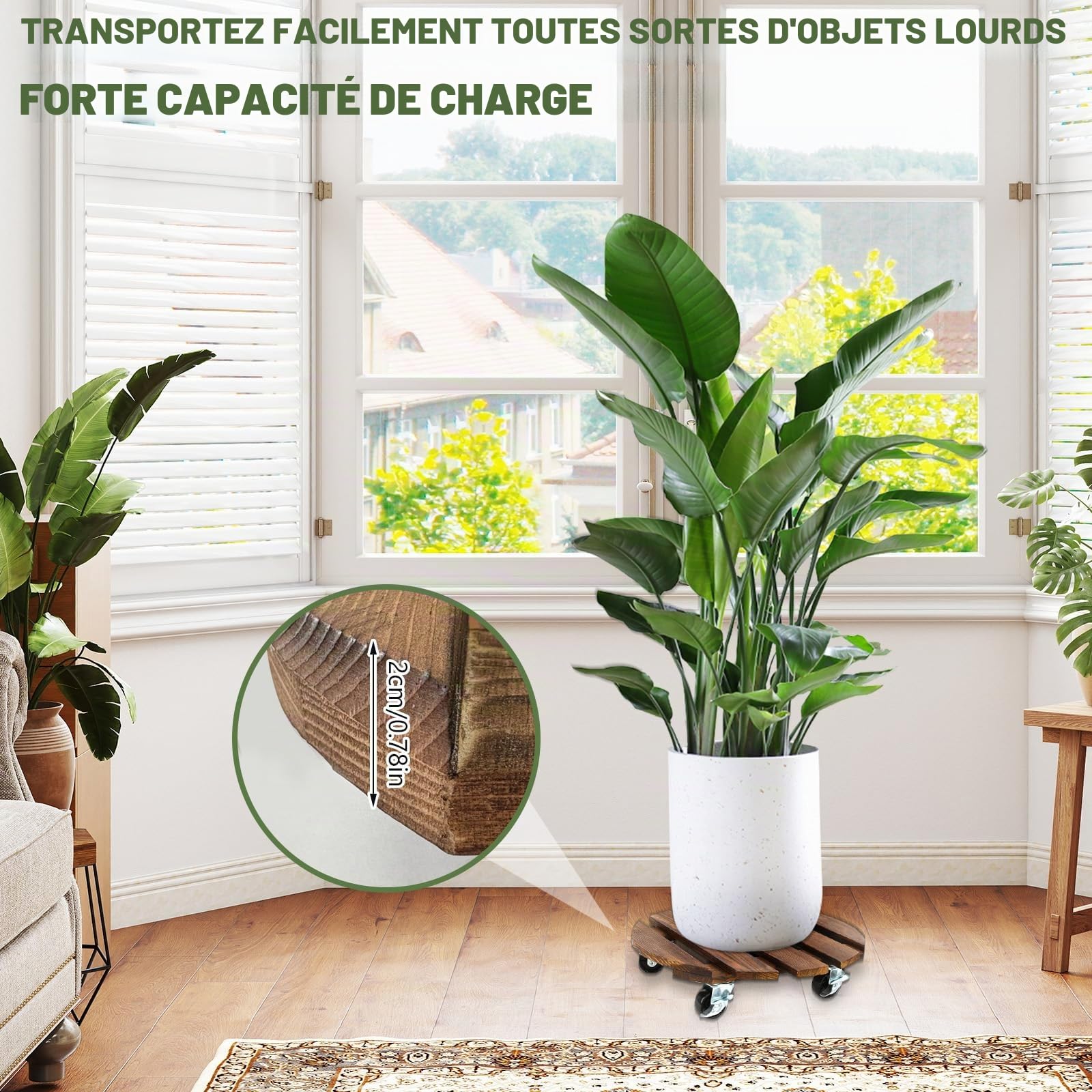 Porte Plante a roulettes, Lot de 2 Supports de Pots de Fleurs à roulettes Ø 300 mm, Support Plante Roulette, Capacité de 100KG, Plateau a Roulette pour Extérieur à Intérieur