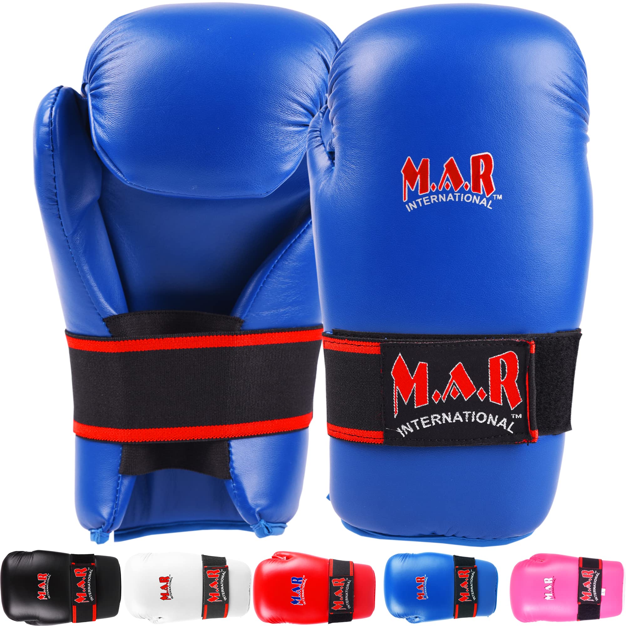 MAR | Blue Karate Bag Gloves with Grip Bar, Semi-Contact Gloves Rex Leather Mitts, Elasticated Finger Protection for Kickboxing, Muay Thai, MMA, & Taekwondo - Unisex, Adults/Kids (Child Large) โ image 1