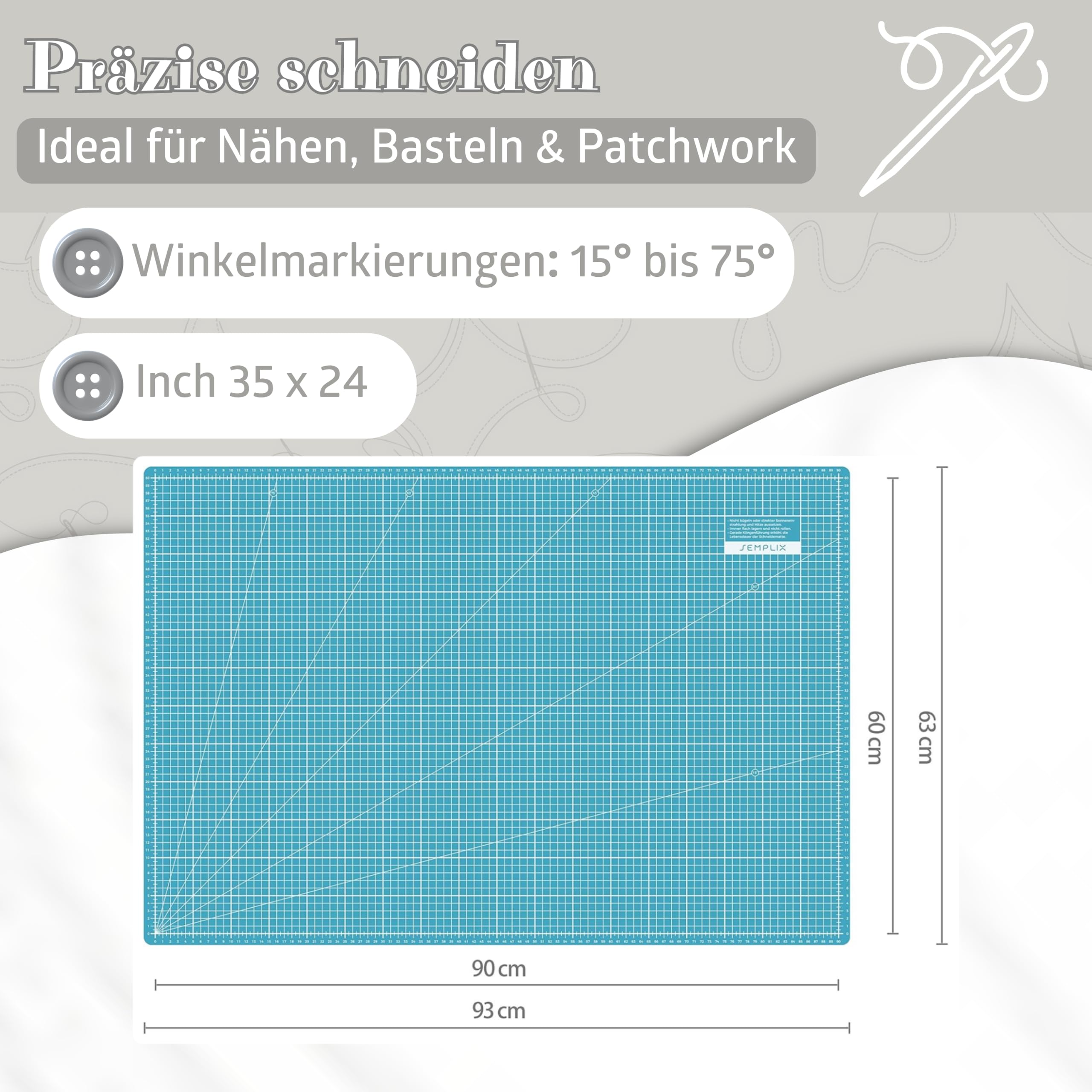 SEMPLIX Schneidematte A1 in Grün, Rosa, Grau, Türkis, Lila. Ideal fürs Basteln, Nähen und Patchworken. 90x60 Beidseitig Bedruckt. Vorderseite cm, Rückseite inch Bemaßung
