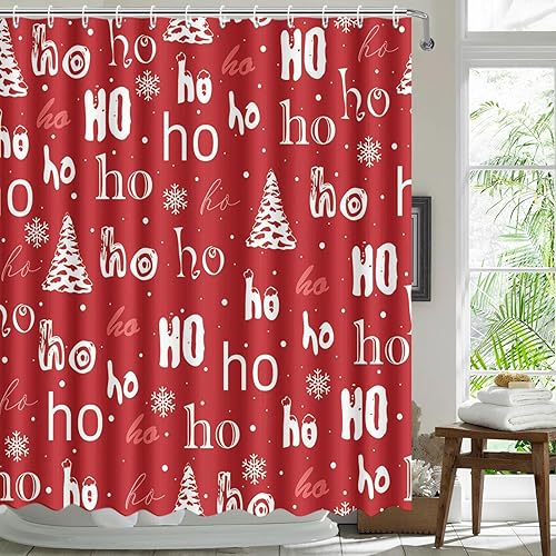 Miniatura 2 de MEHOFOND HoHoHo - Cortinas de ducha de invierno de Navidad para baño, cortina de ducha de invierno roja con copos de nieve, cortina de baño de tela
