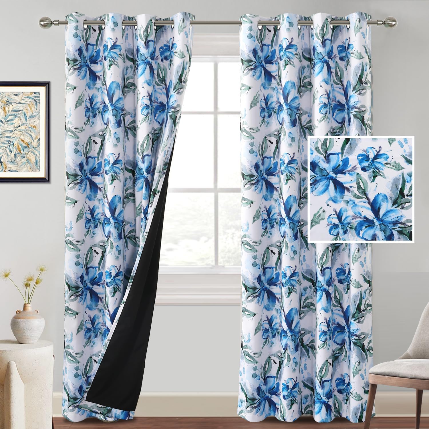 Floral Printed 100% Blackout Curtains for Bedroom 84 Inches Long Blue and Green Patterned Curtains for Living Room Watercolor Window Drapes Thermal Soundproof Grommet 2 Panels Set