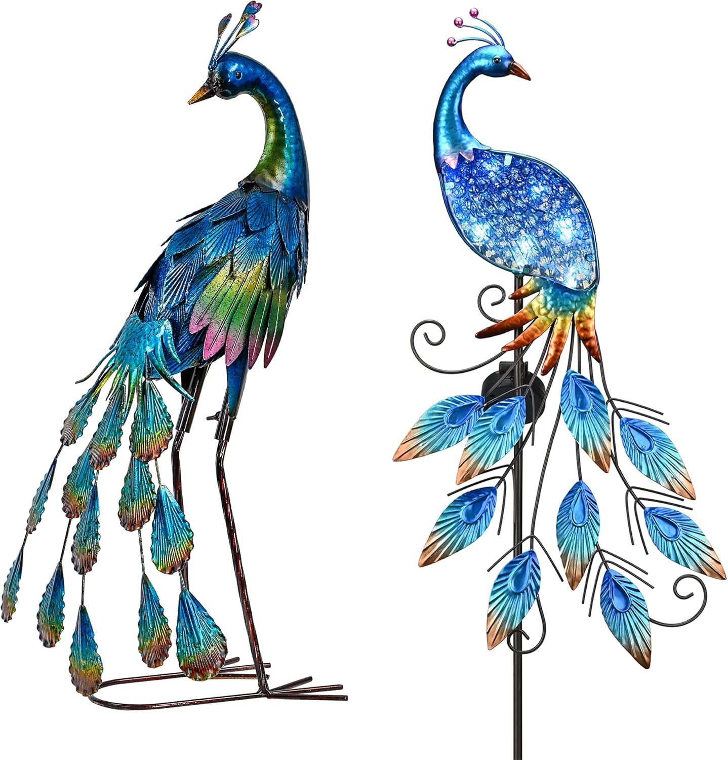 TERESA'S COLLECTIONS Peacock Garden Sculptures & Statues for Yard Decor + Solar Garden Lights, Metal Lawn Ornaments Yard Art for Outdoor Outside Backyard Porch Patio Home Decorations
