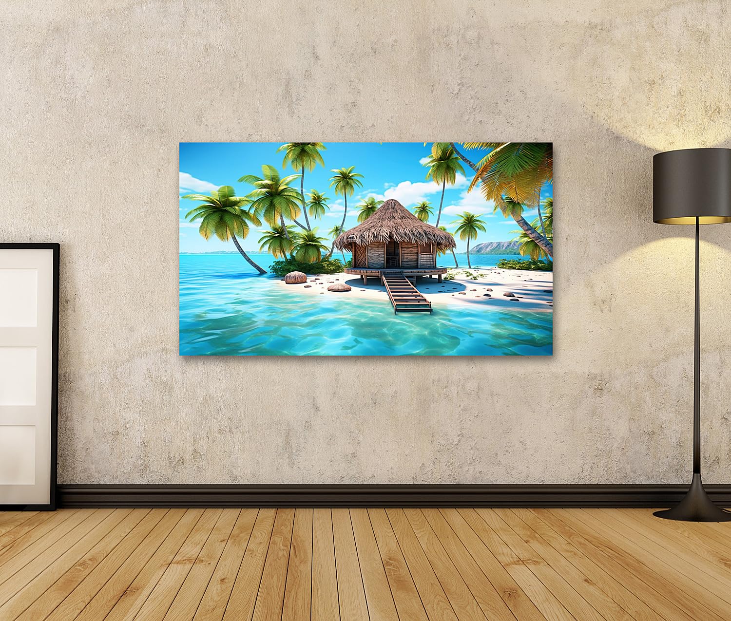 islandburner Quadro su tela cottage sulla spiaggia tropicale con palme e mare blu immagini murali poster