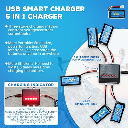 Miniatura 4 de 5 baterías Lipo de 3.7 V 450 mAh 30C con cargador 5 en 1 enchufe Molex compatible con la mayoría de drones RC, aviones de cuatro ejes y modelos de
